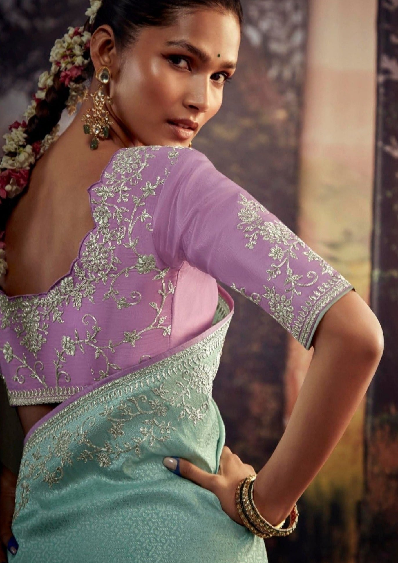 Hand Embroidery Work Blue Banarasi Silk Saree