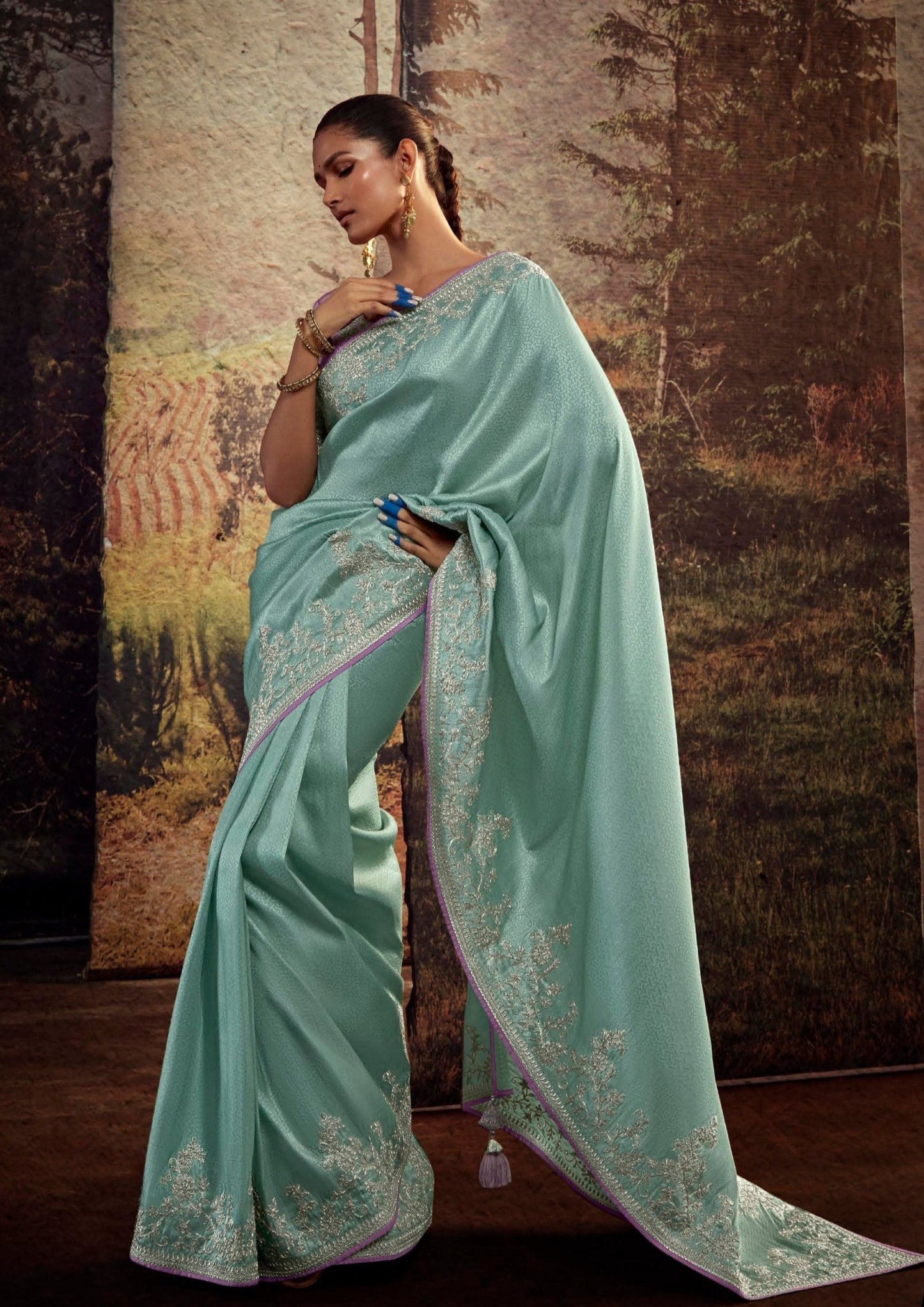 Hand Embroidery Work Blue Banarasi Silk Saree