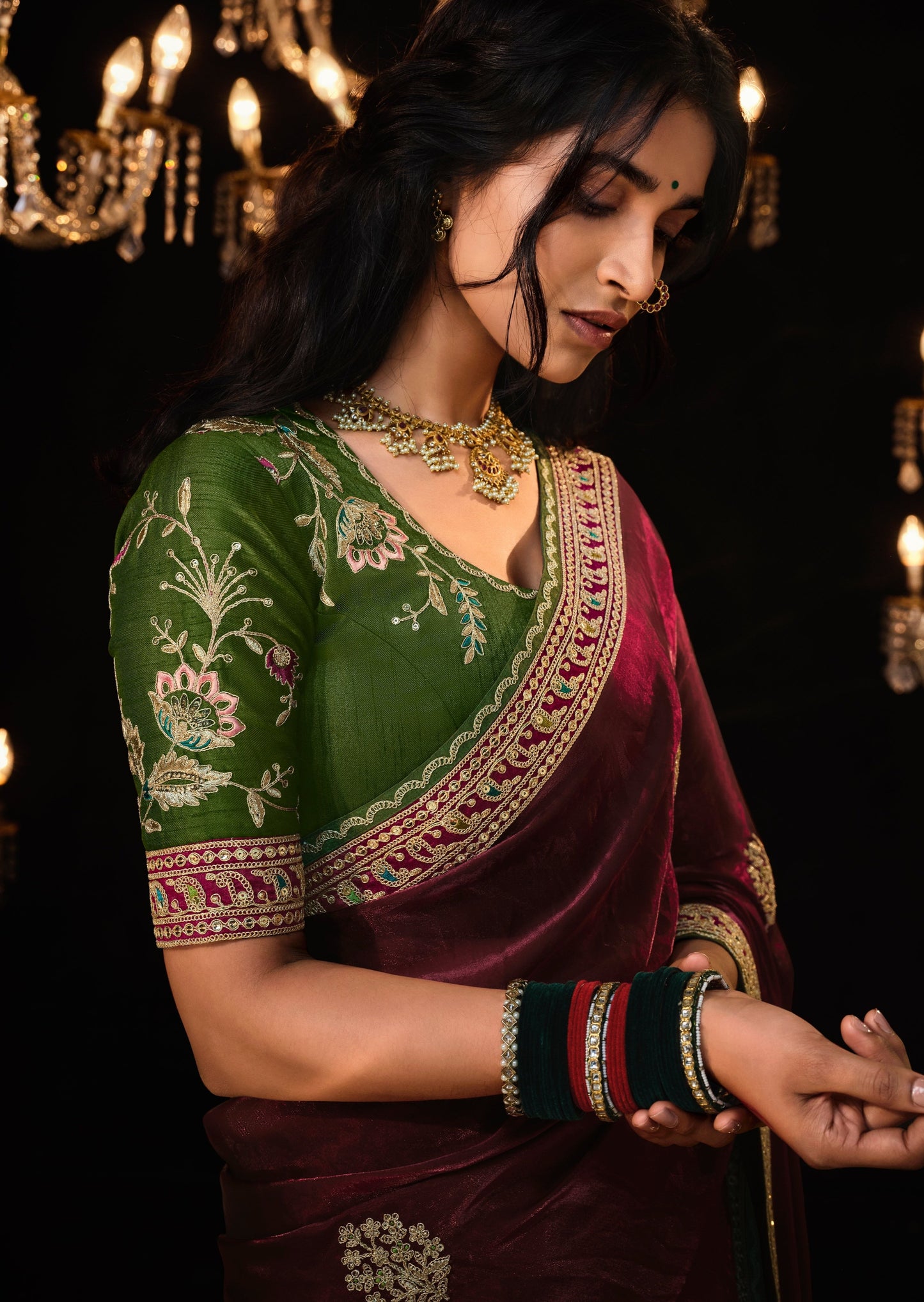 Hand work embroidery red banarasi organza bridal saree online shopping with contrast green blouse.