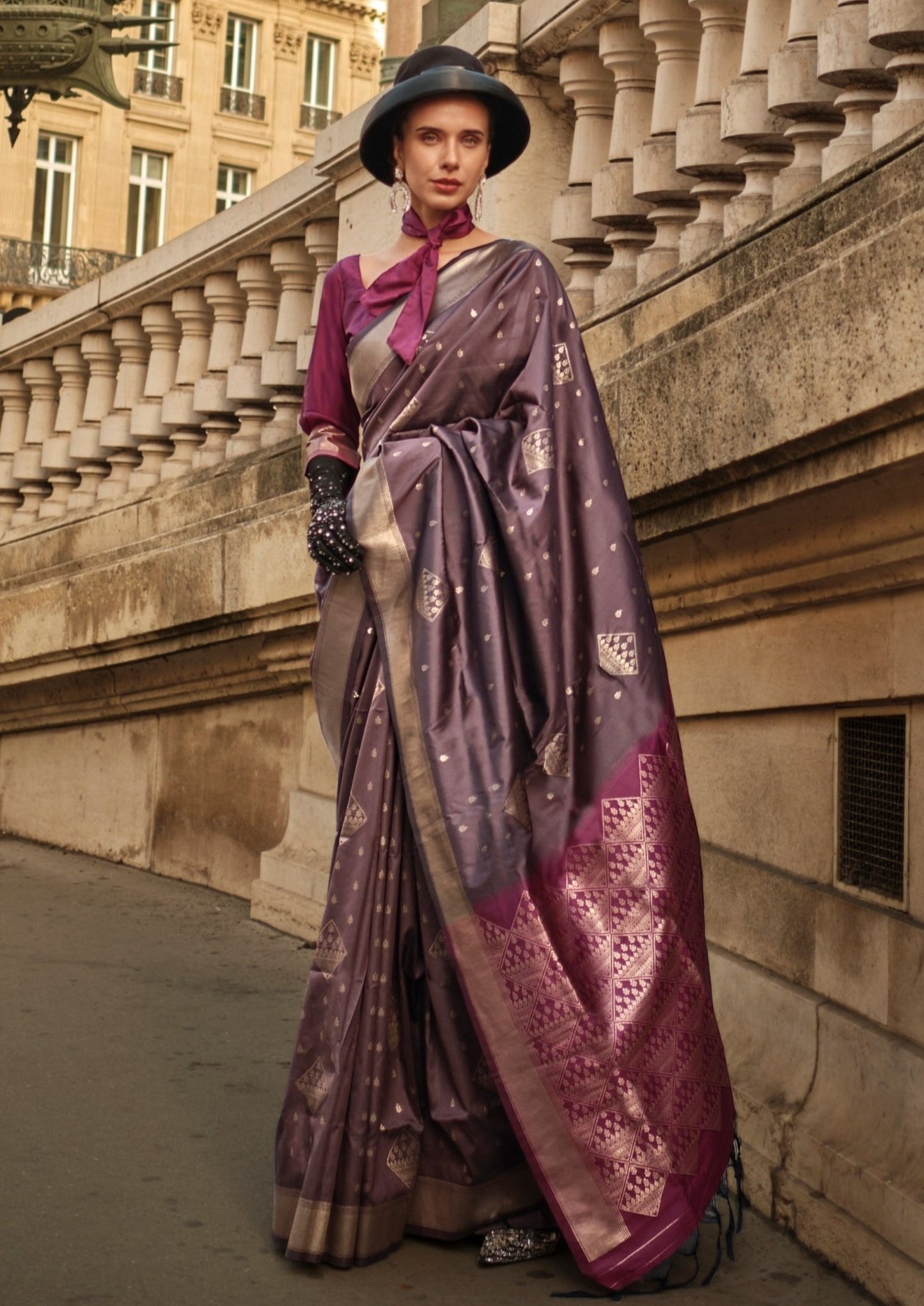 Handloom kanjivaram silk chocolate brown saree online shopping price for wedding.