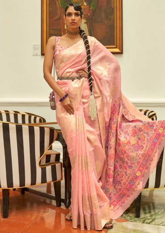Kashmiri bride in handloom kashmiri silk peach saree blouse.