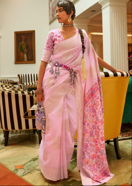 Woman in Handloom kashmiri Banarasi silk pink saree
