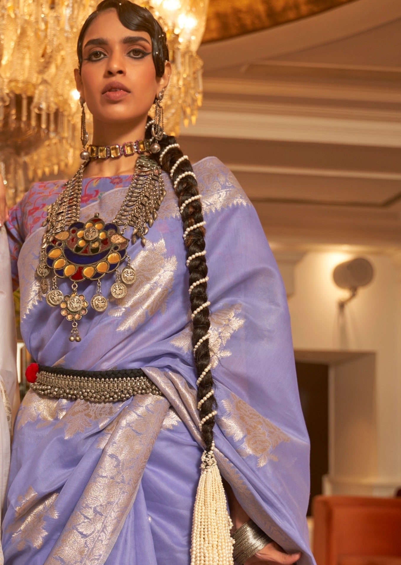 Woman in Purple color Kashmiri Banarasi Saree