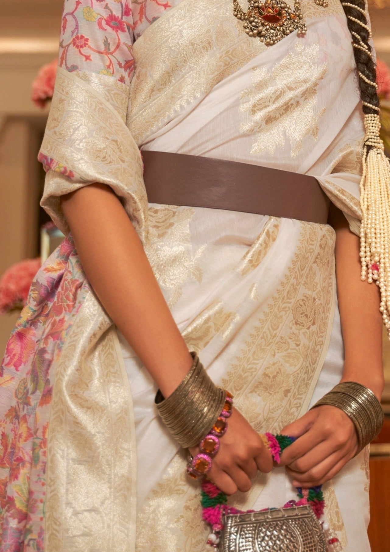 white kashmiri silk saree design