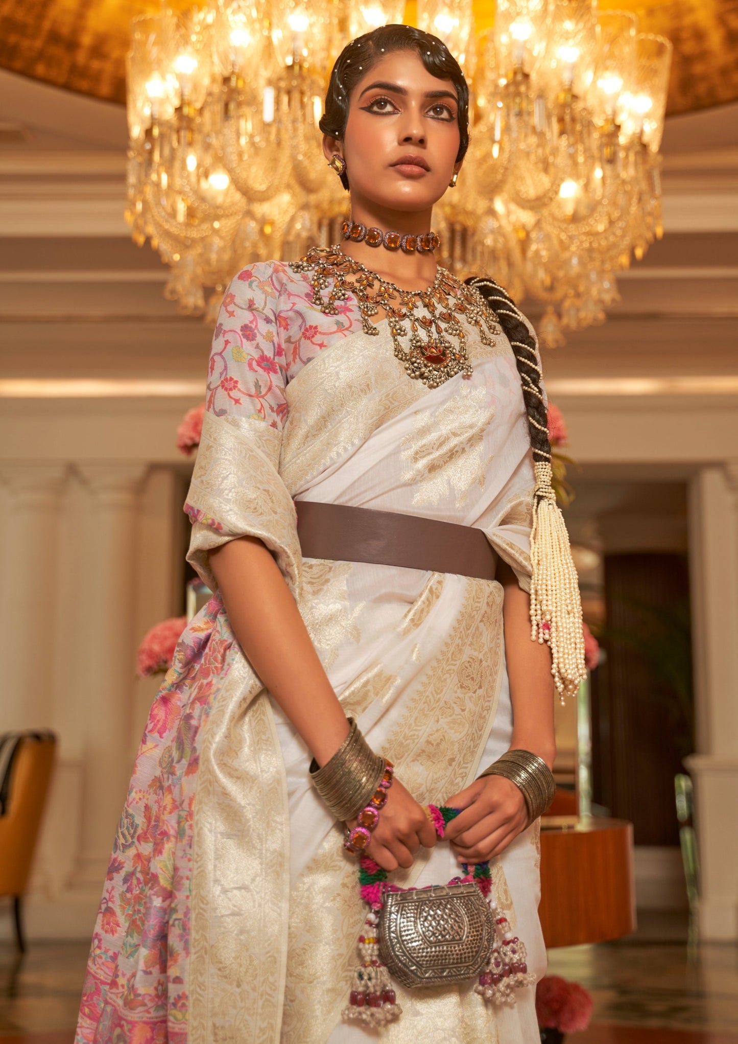 kashmiri bride in white handloom kashmiri silk saree