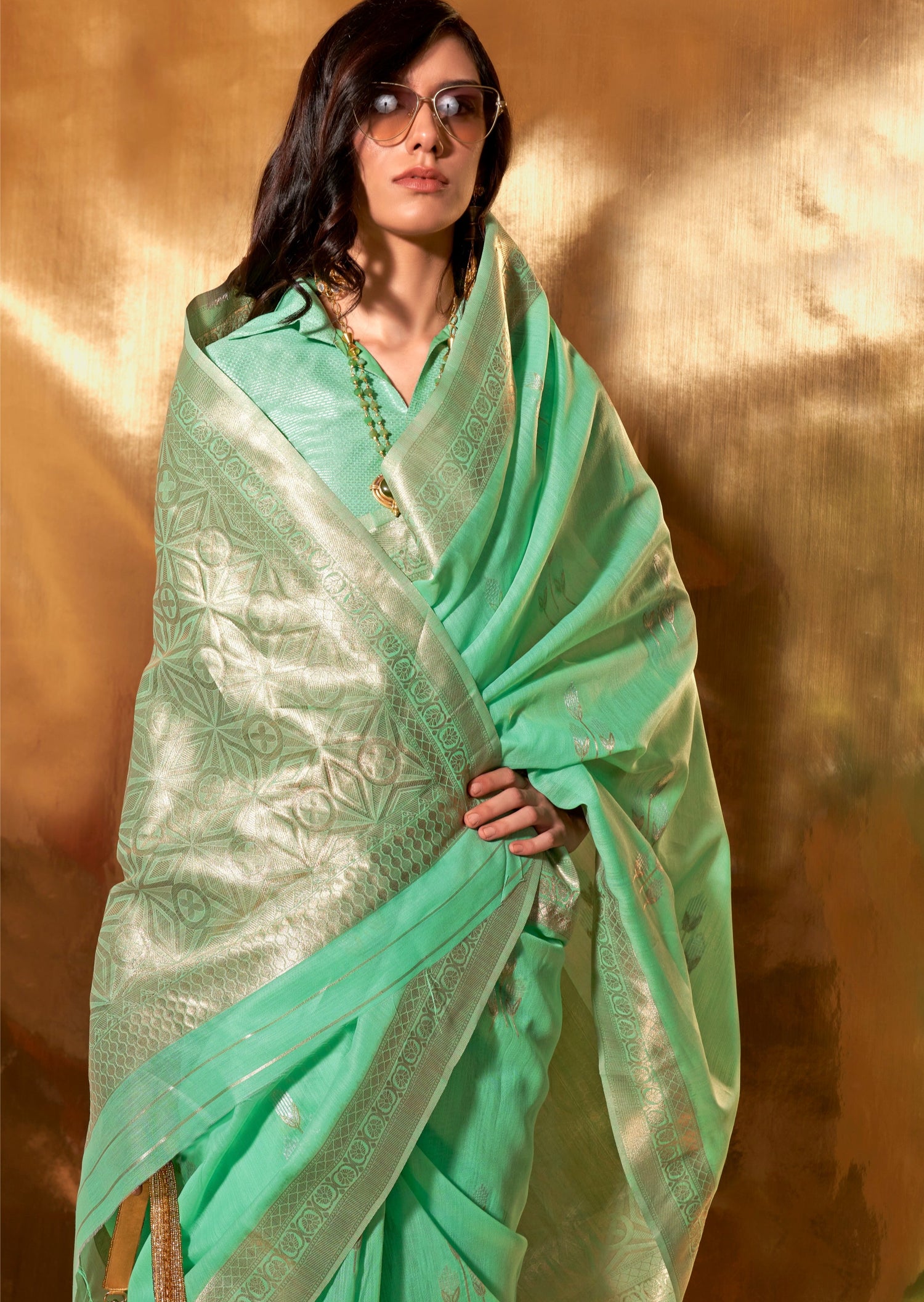 Pure handloom banarasi linen jade green saree india usa online shopping with fall pico for summer wedding.