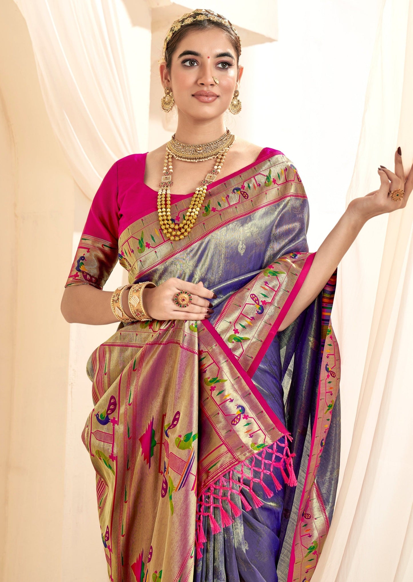 Handloom paithani tissue silk blue color bridal saree usa online shopping with price.