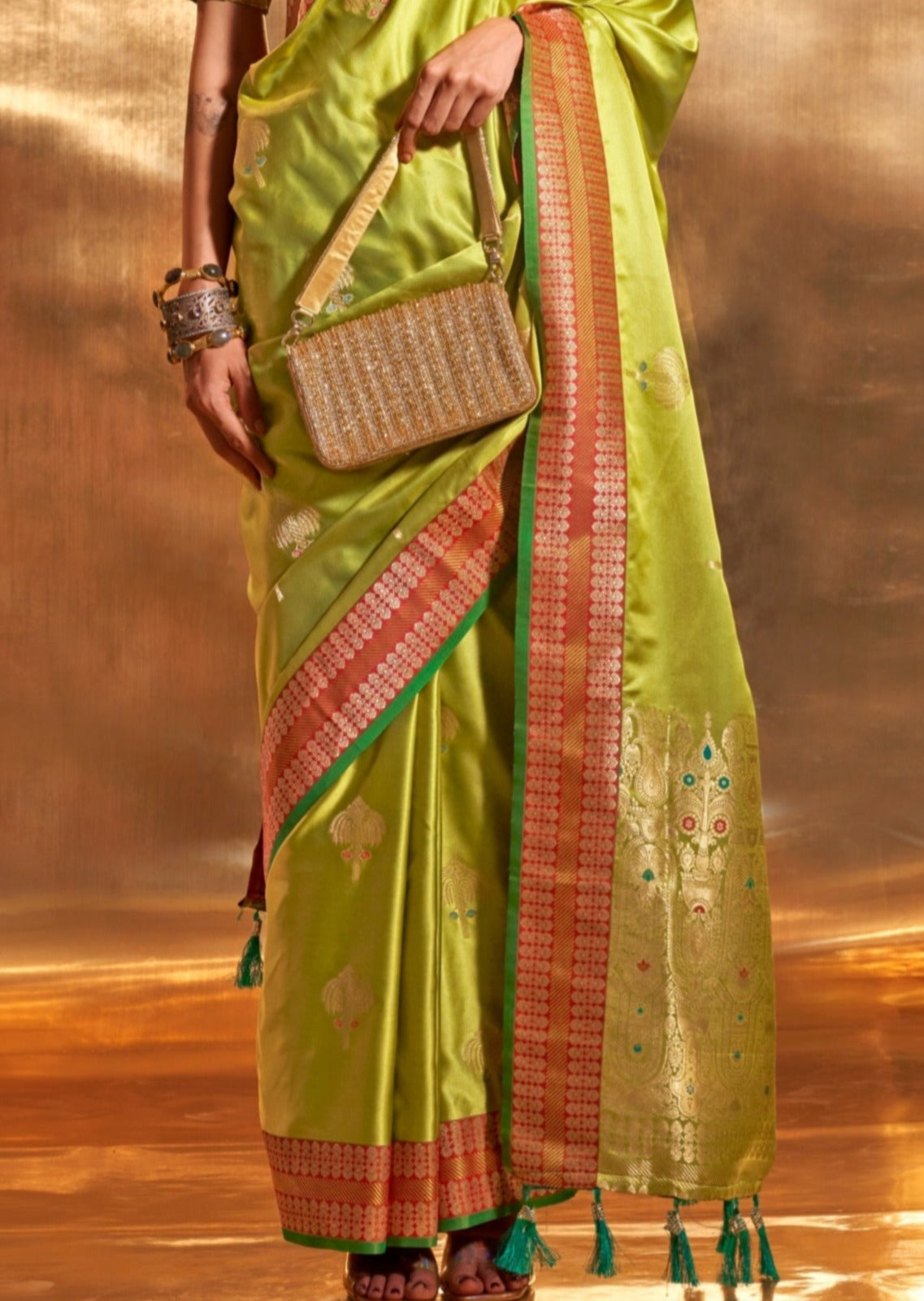 Pure banarasi handloom satin silk parrot green saree online shopping india with price.
