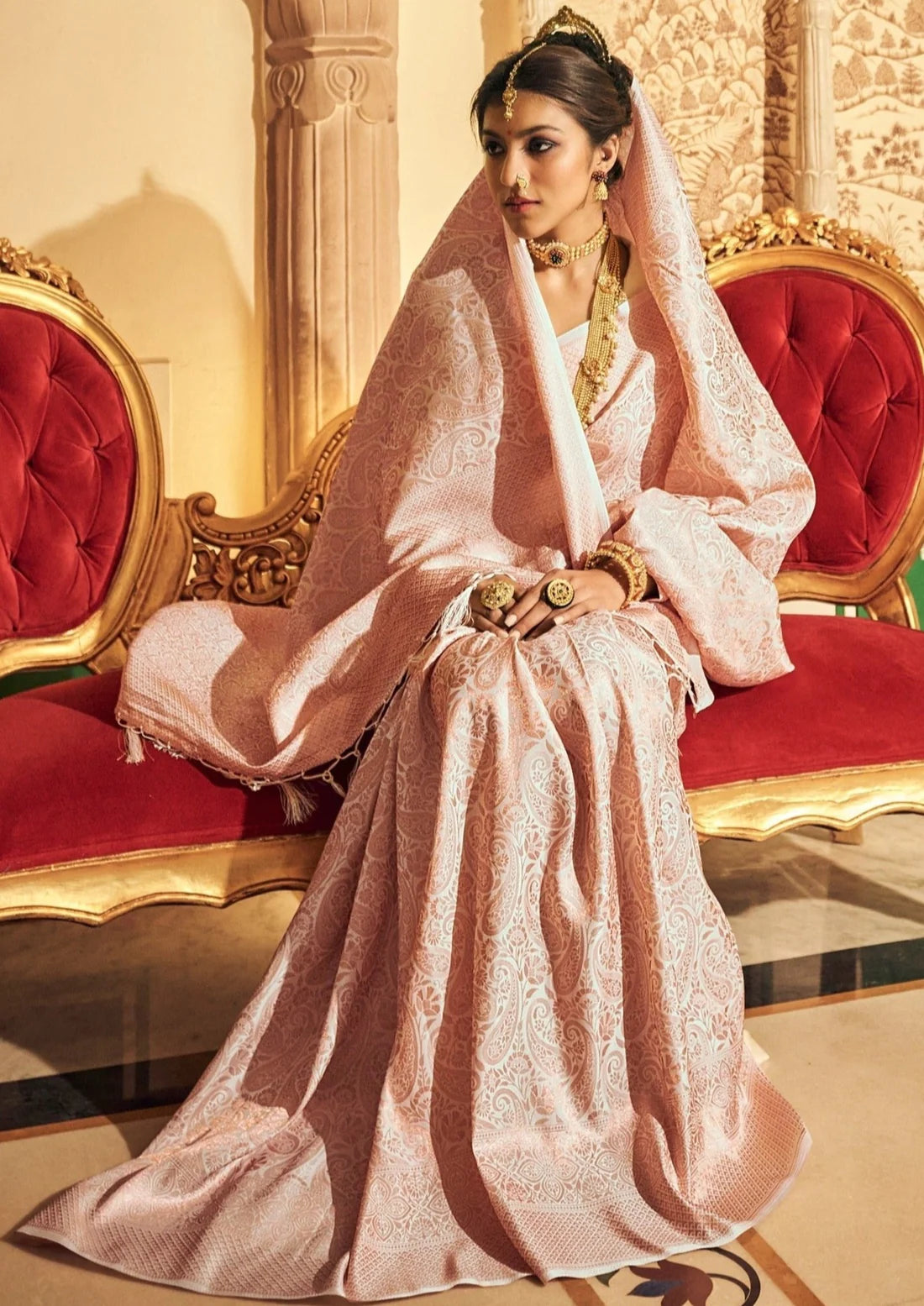 Handloom silk powder peach kanjivaram saree online india with price.