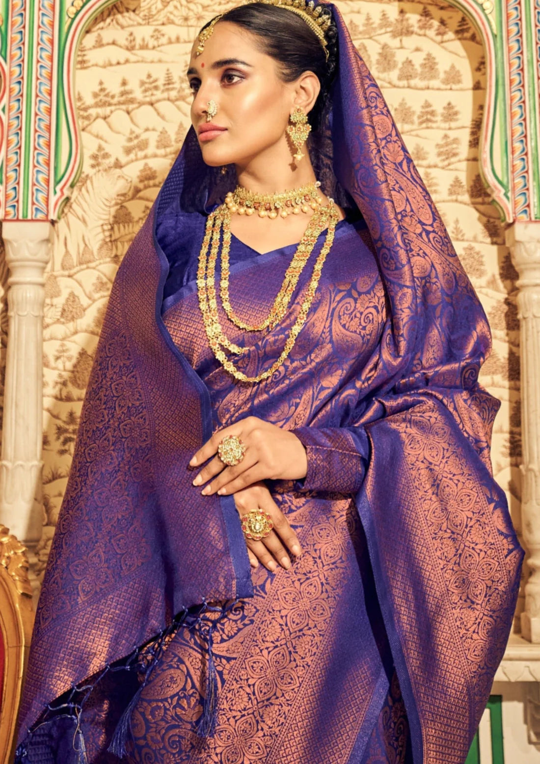 Handloom violet purple kanjivaram silk bridal saree online for wedding.