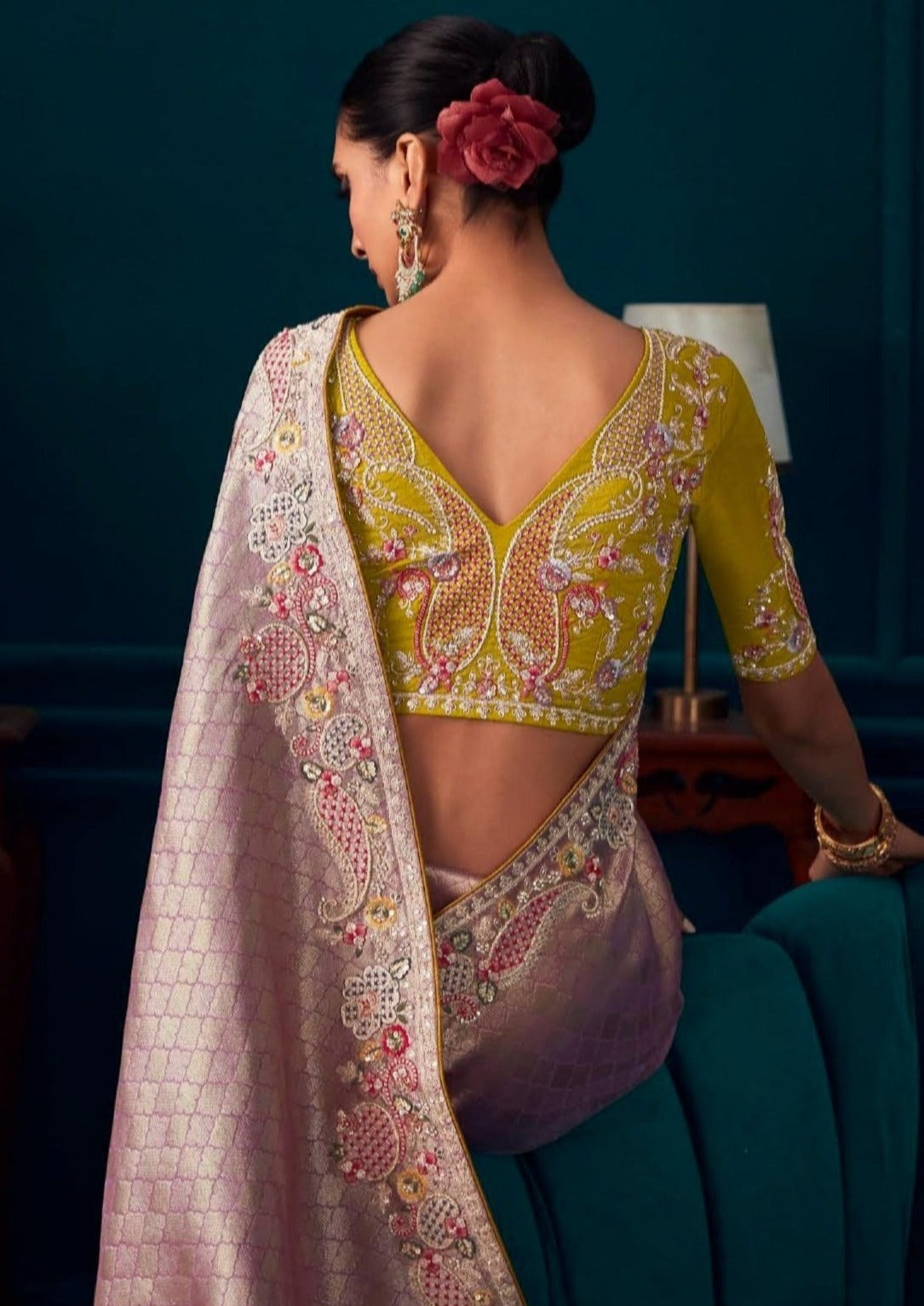 Handwork embroidery banarasi silk purple bridal wear saree online for bride.