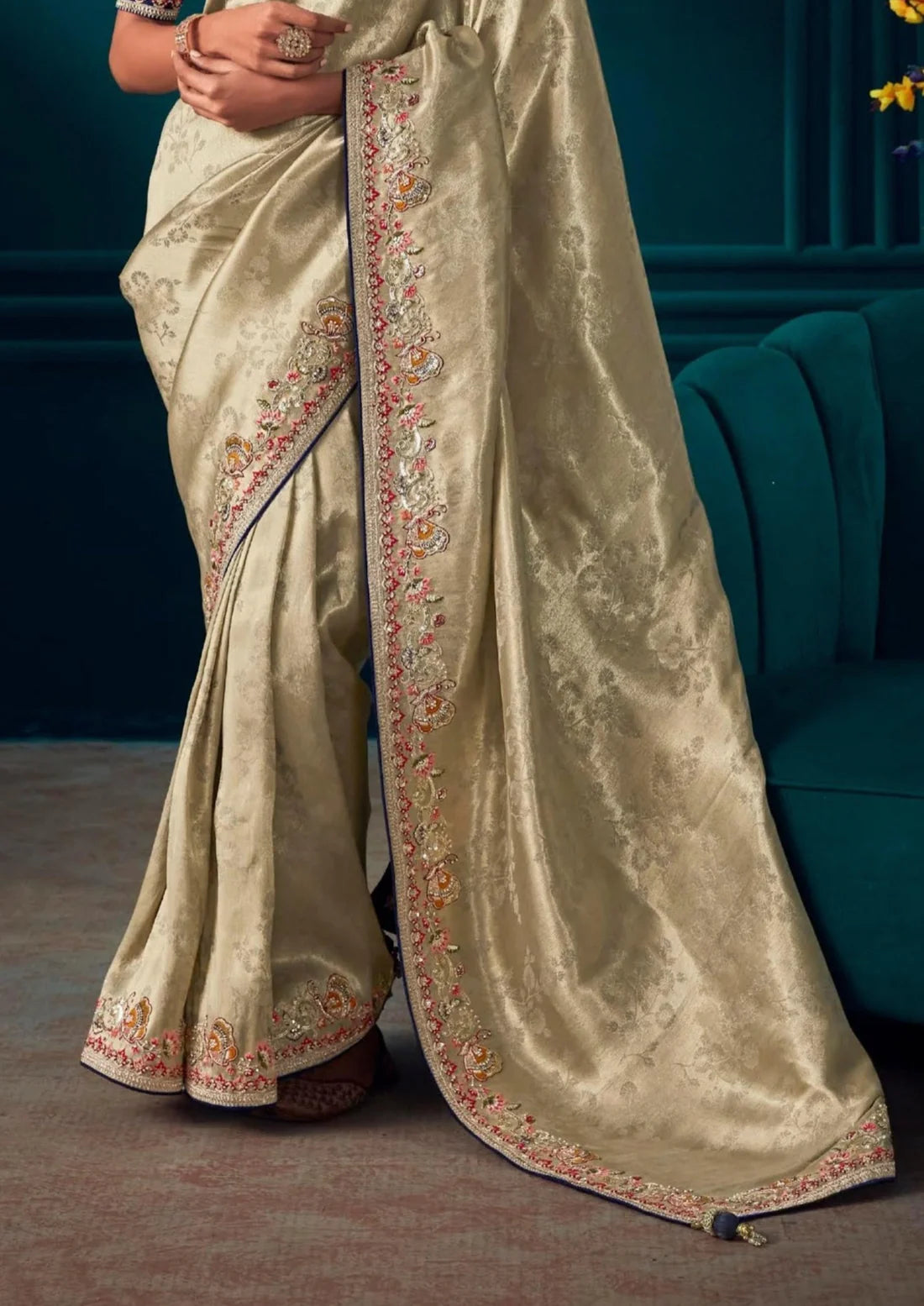 Handwork embroidery golden blue banarasi silk bridal saree online price.