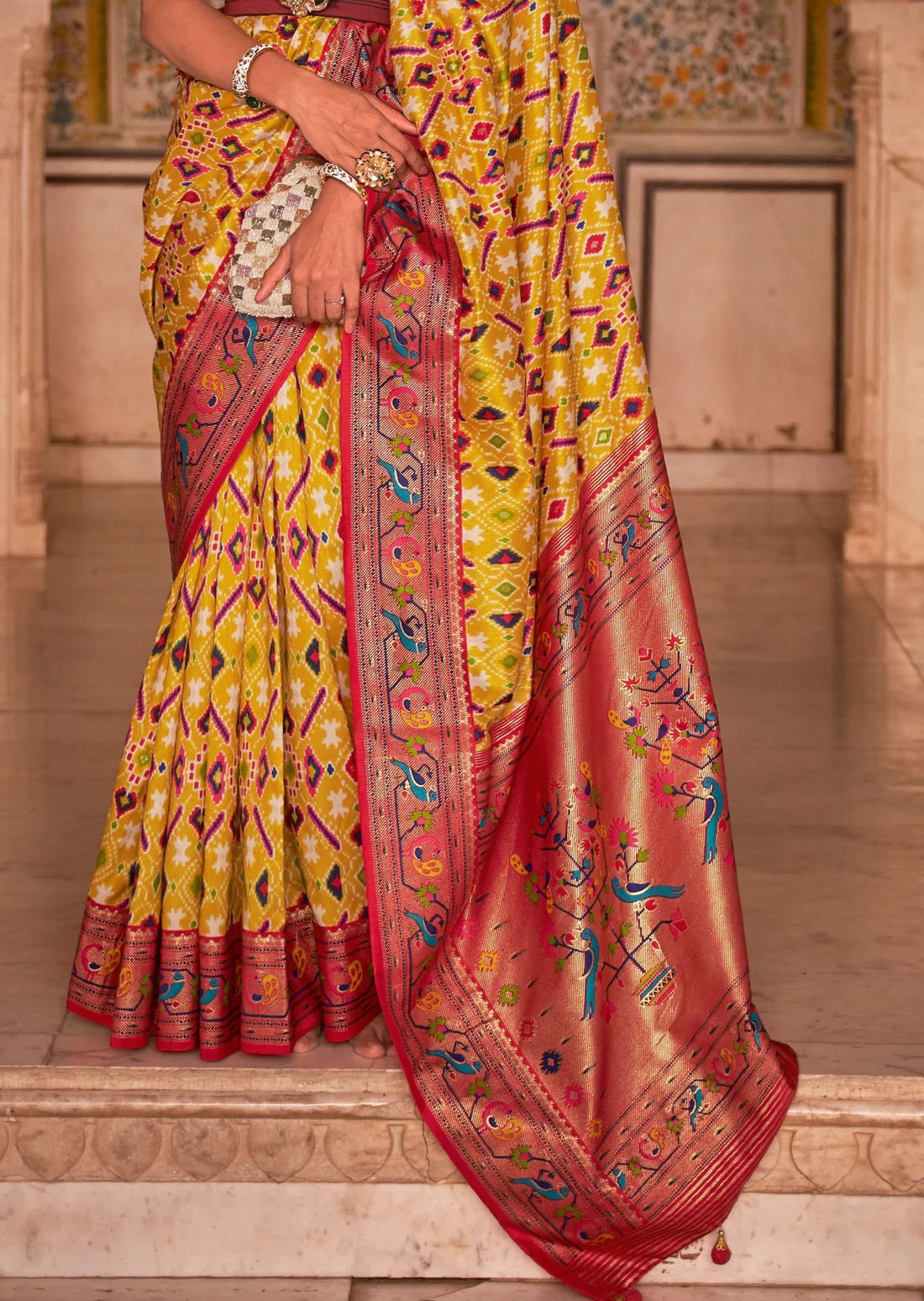Handwoven yellow patola saree with paithani border pallu online shopping india usa.