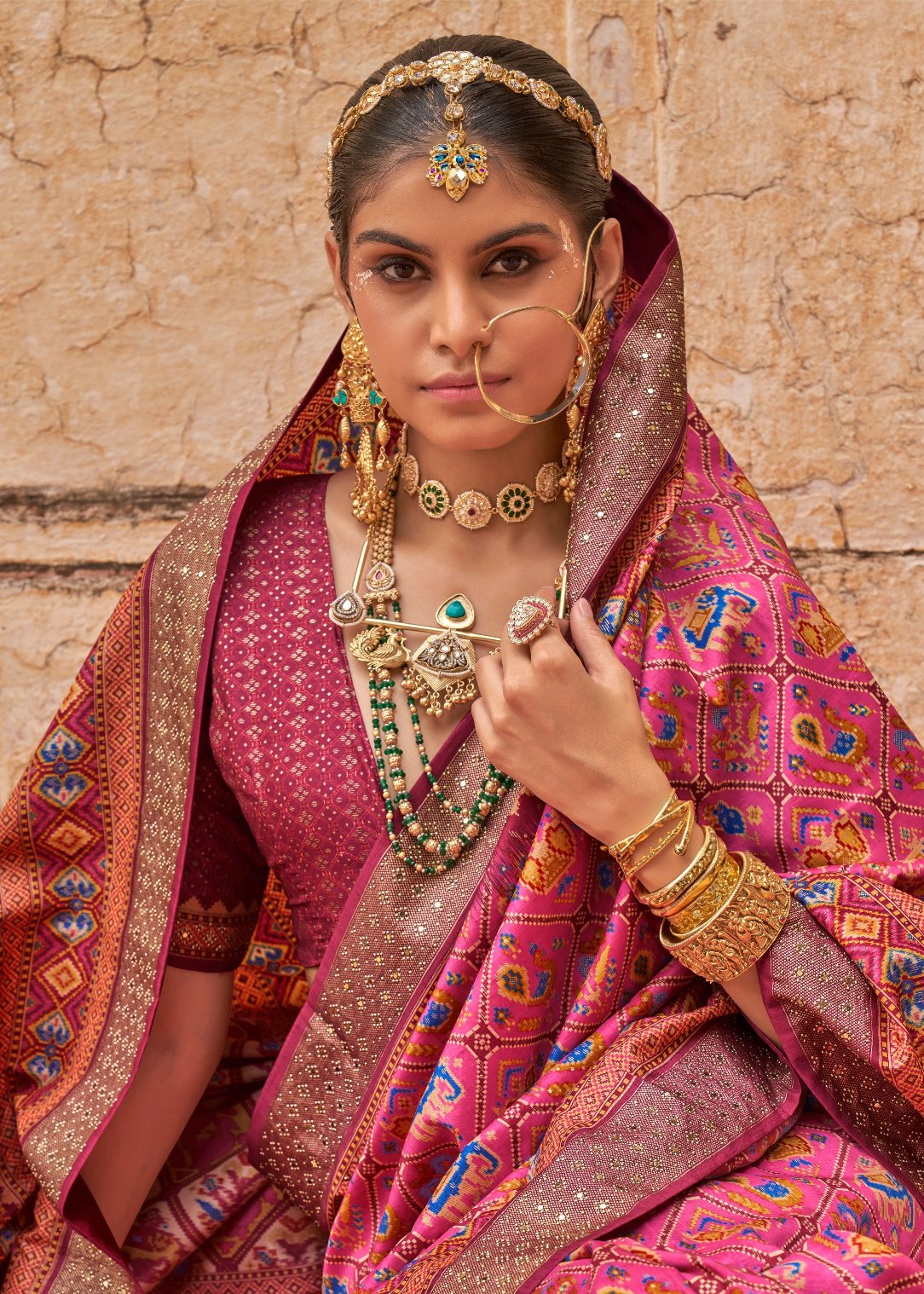 Hathi popat patola silk saree online shopping for wedding in pink color.