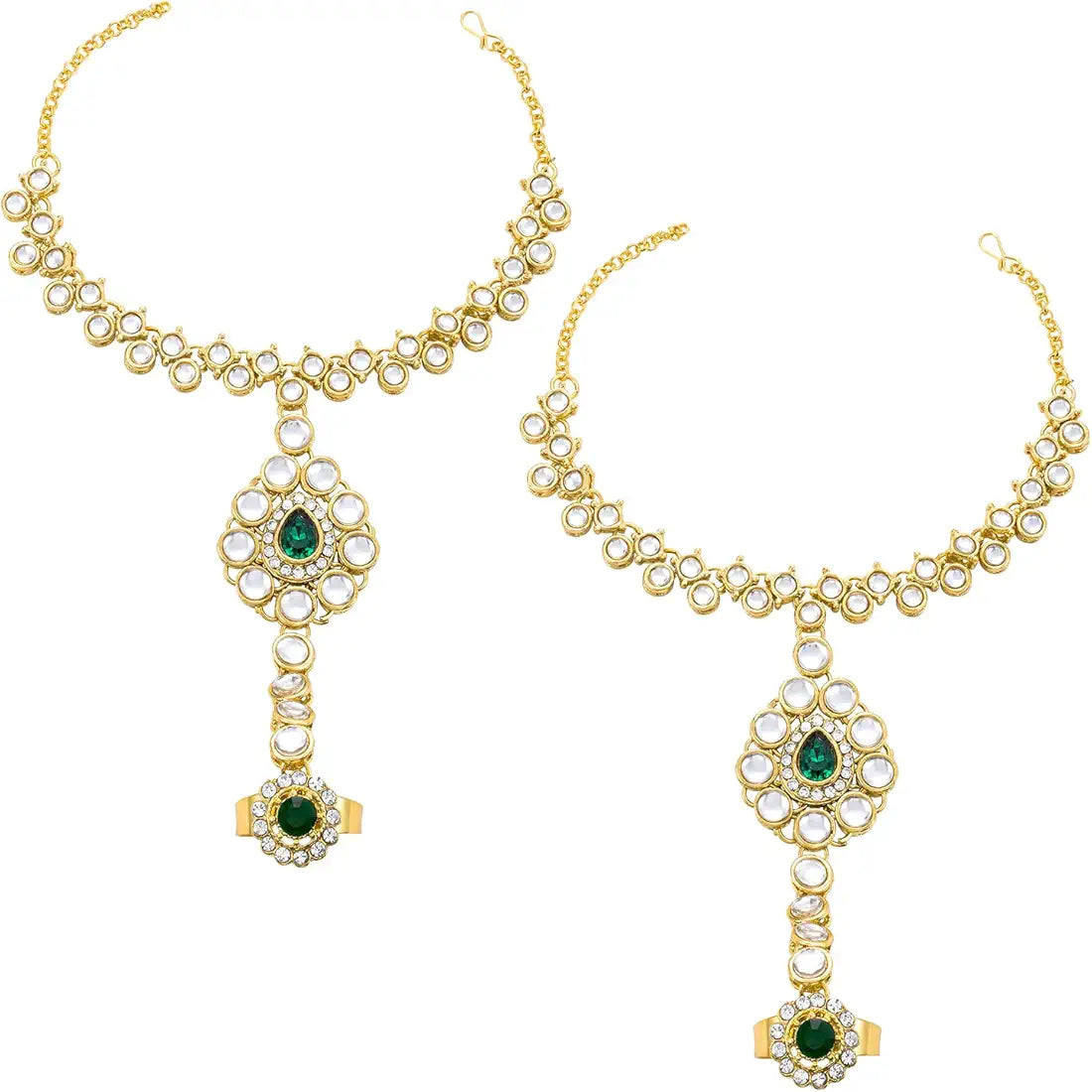 Kundan Bridal Jewellery Necklace Set With Earrings, Maang Tikka, Hathphool & Nose Ring (Green)