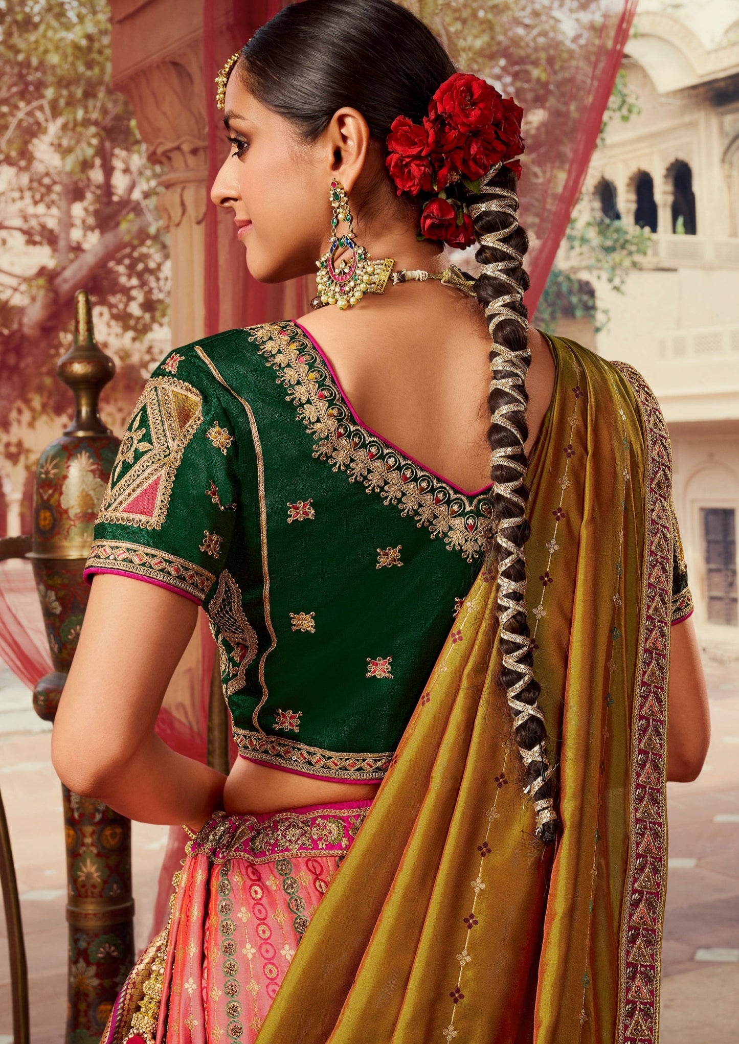 Green banarasi silk back choli design online usa uk india.