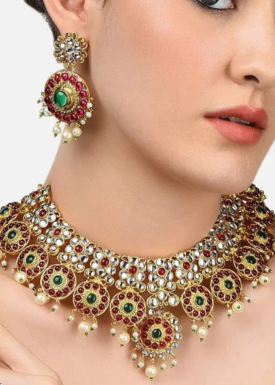 Pink & Green Floral Design Kundan Polki Necklace Set With Earrings