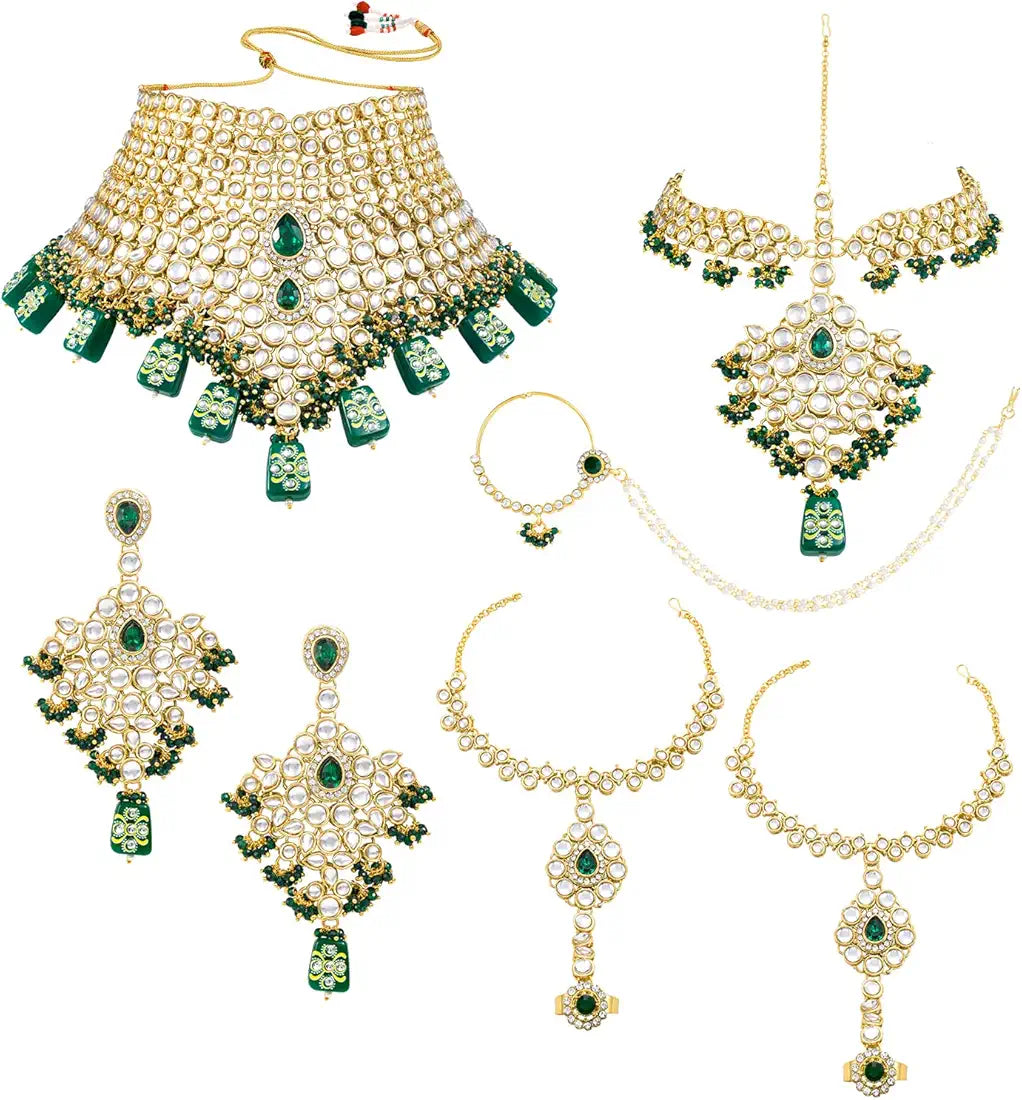 Kundan Bridal Jewellery Necklace Set With Earrings, Maang Tikka, Hathphool & Nose Ring (Green)