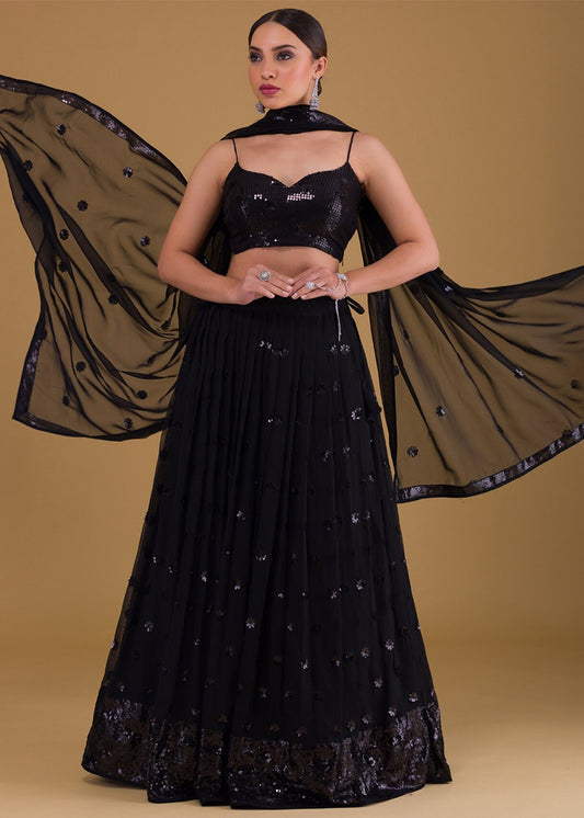 Jet Black Sequins Work Georgette Bridesmaids Lehenga Choli