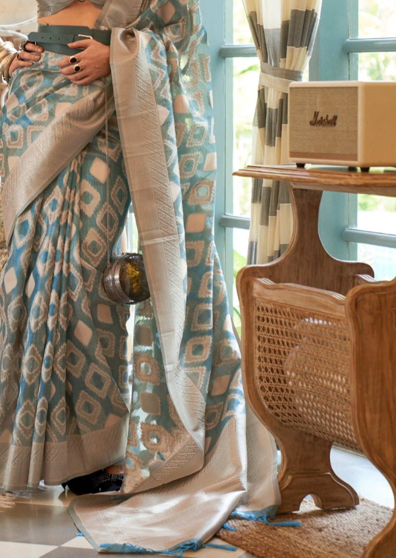 Kalki koechlin pure handloom banarasi tissue silk blue bollywood saree online.