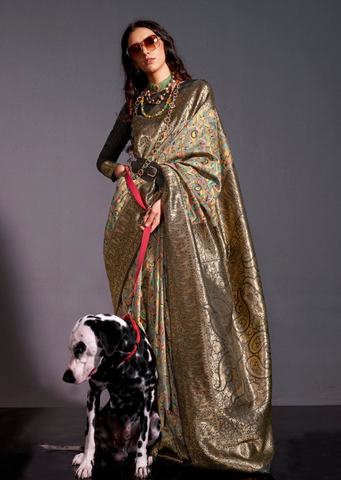 Kashmiri banarasi fusion handloom silk grey black saree online.