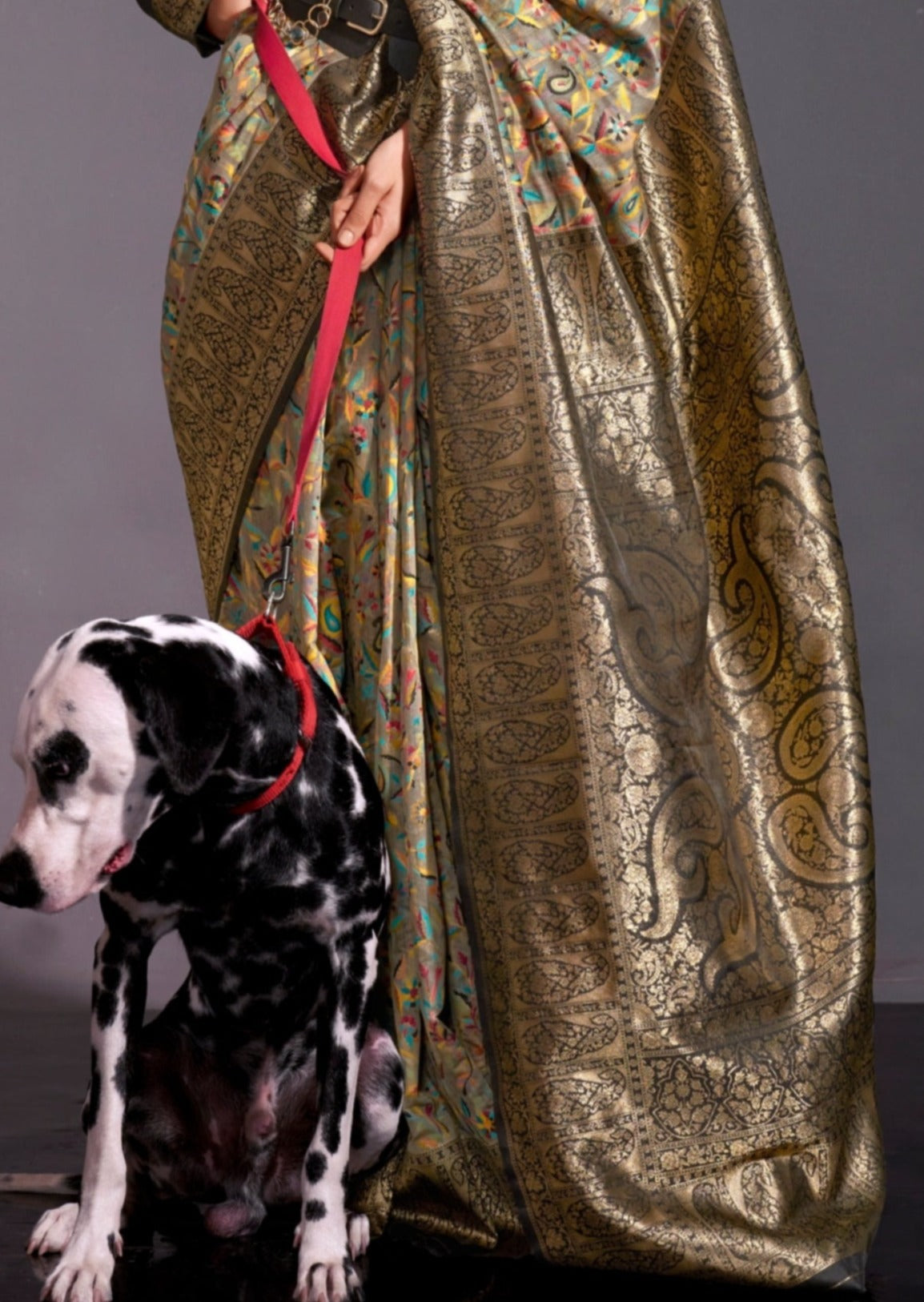 Kashmiri banarasi fusion handloom silk grey saree online shopping.