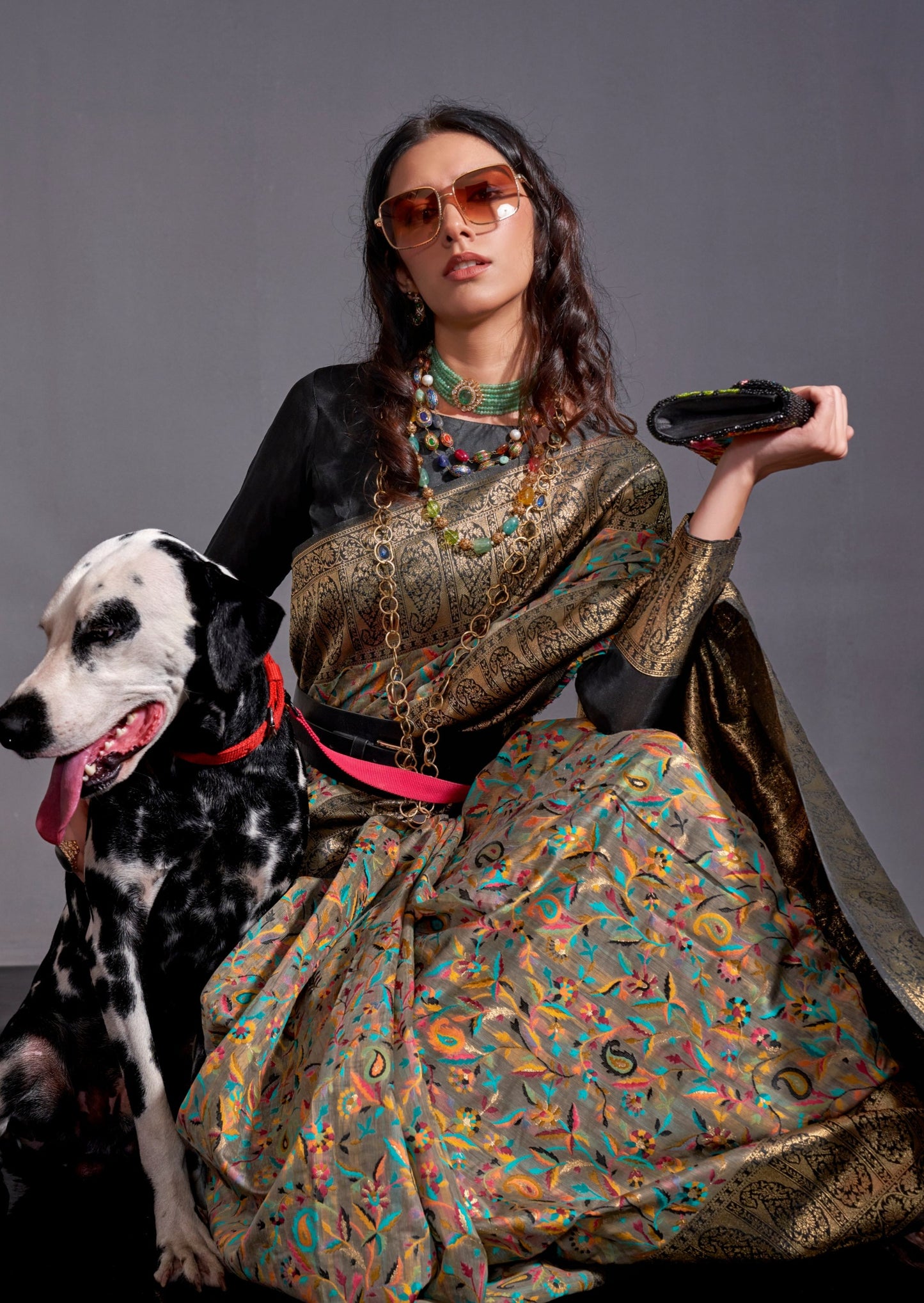 Kashmiri banarasi fusion handloom silk grey saree online.
