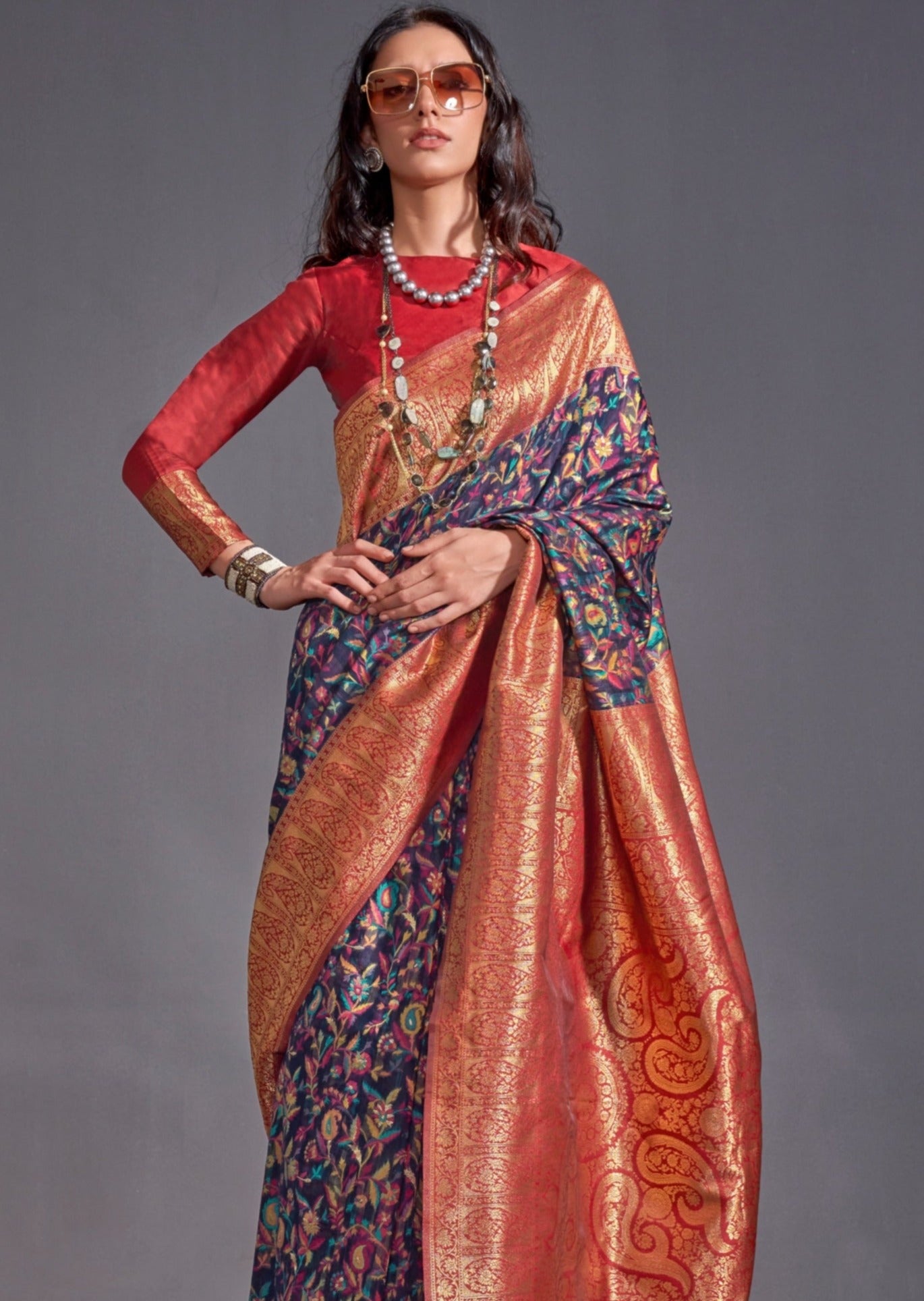 Kashmiri banarasi handloom silk navy blue saree online usa.