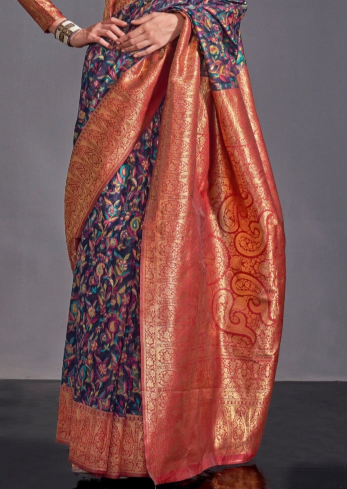 Kashmiri banarasi handloom silk navy blue saree usa online shopping.