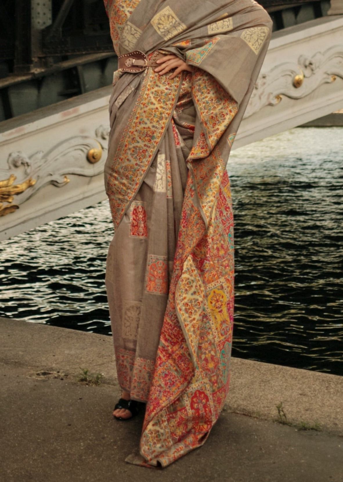 Pure Handloom Kashmiri Silk Embroidered Grey Saree