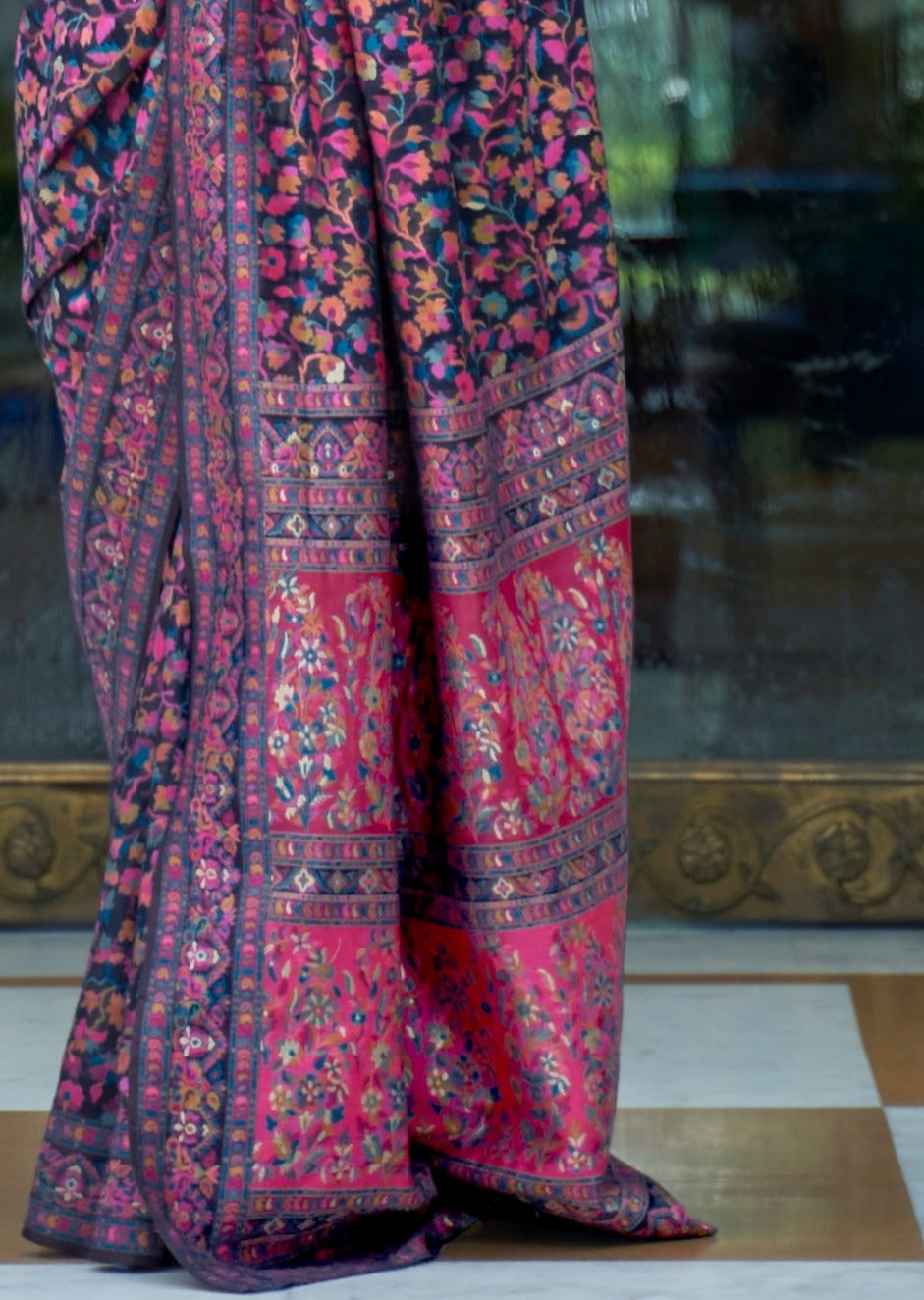 Kashmiri jamawar navy blue tanchoi saree online shopping with price.