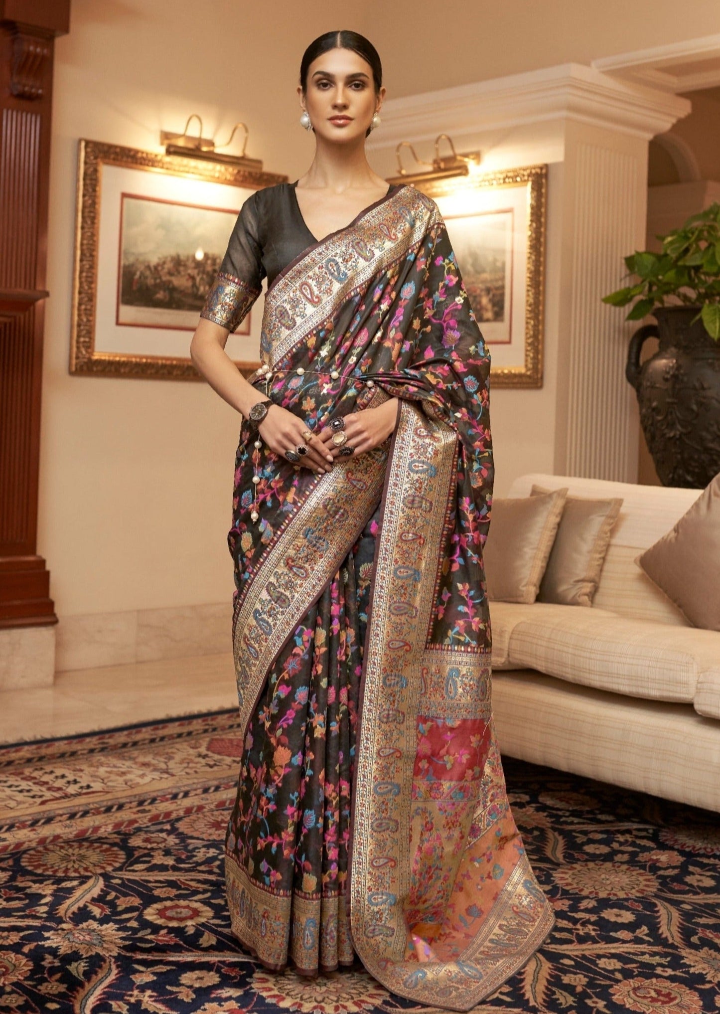 Kashmiri jamawar silk black pashmina saree with zari border online shopping.