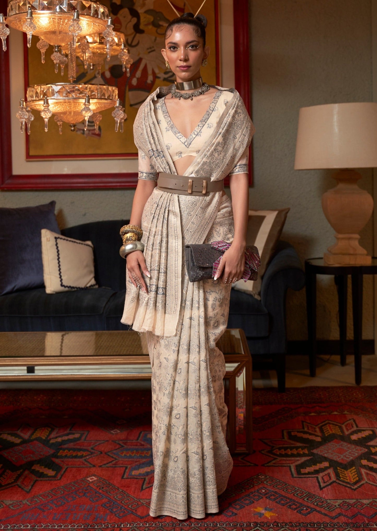 Bride in kashmiri jamawar silk cream handloom saree online shopping india usa.