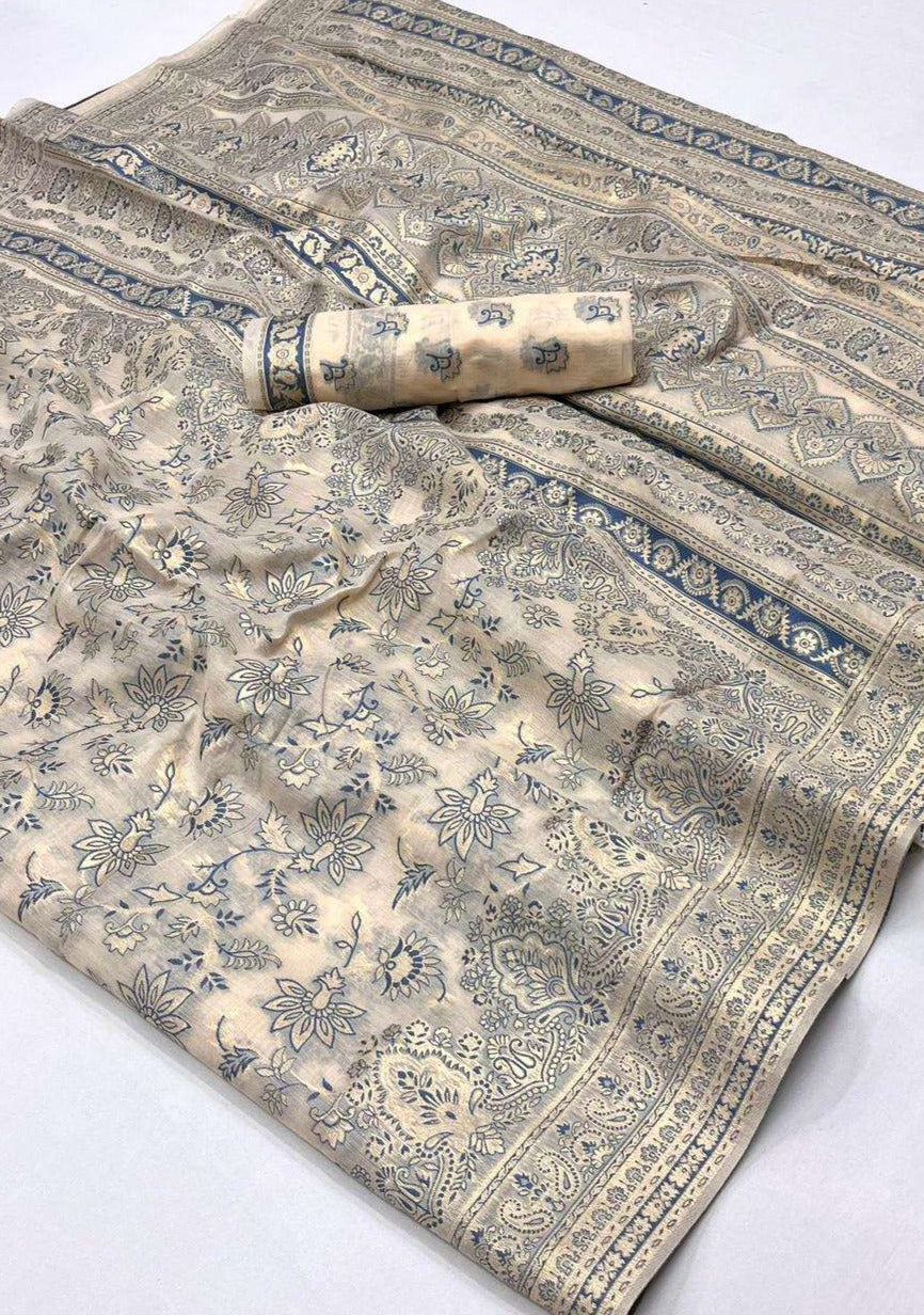 Kashmiri Jamawar Silk Cream Handloom Saree Blouse design