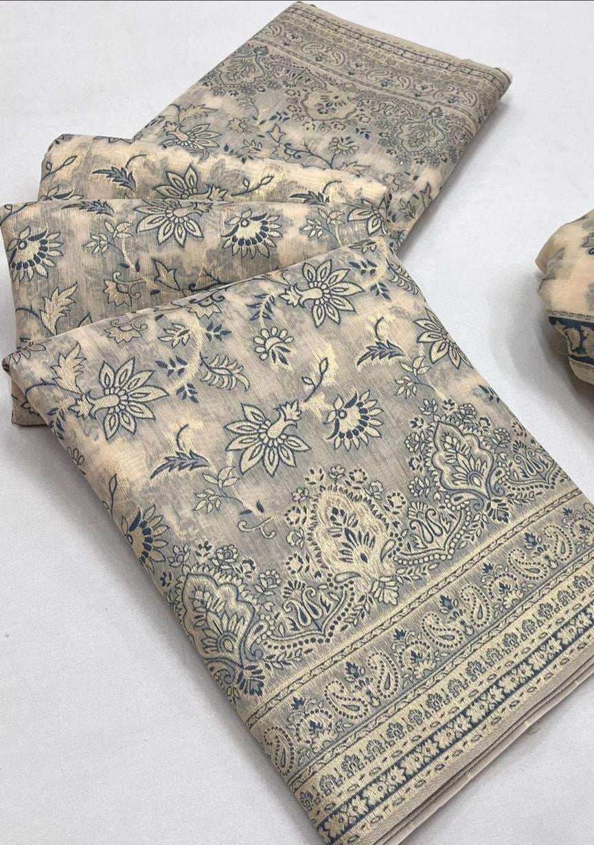 Kashmiri Jamawar Silk Cream Handloom Saree