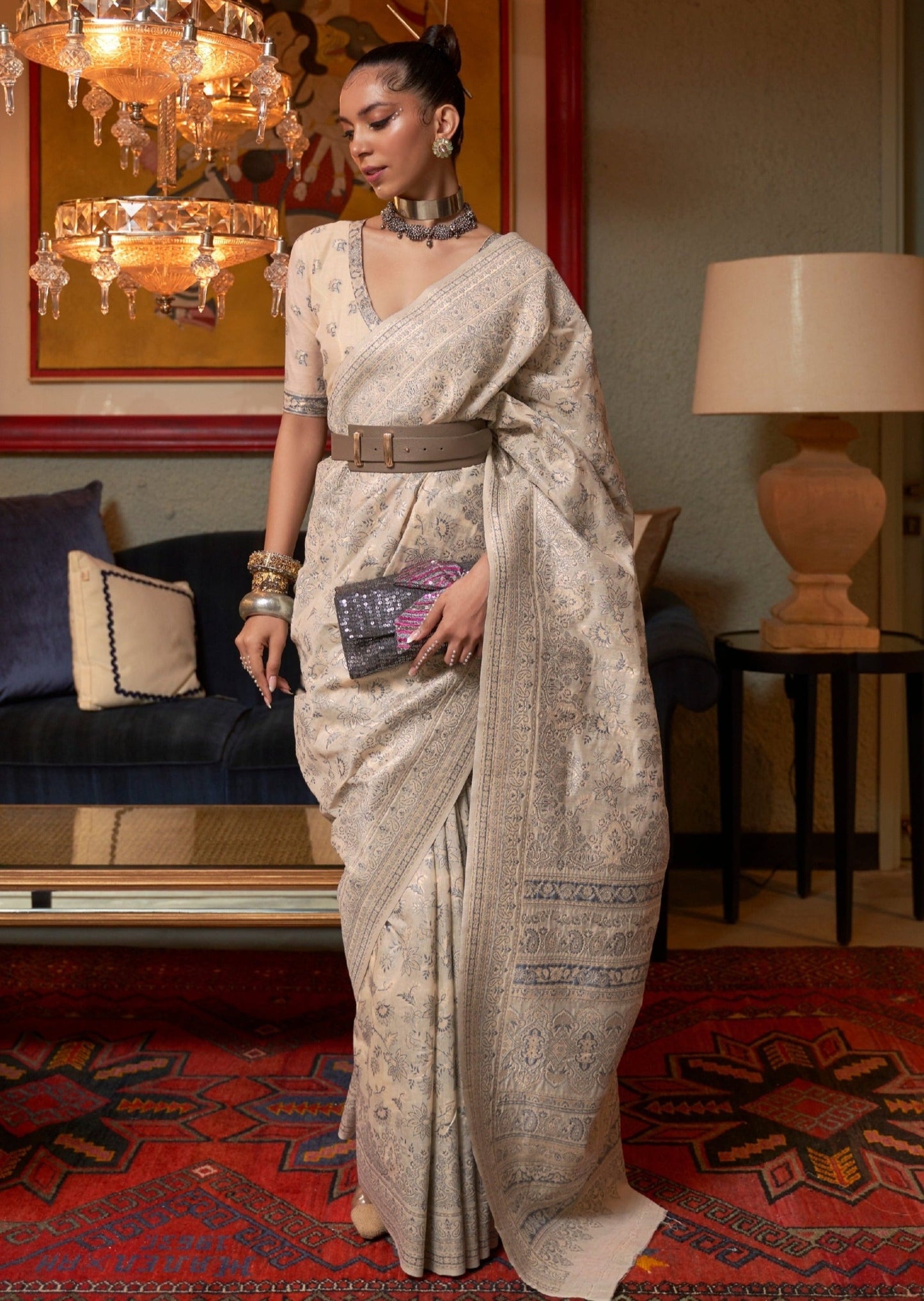 woman in Kashmiri Jamawar Silk Cream Handloom Saree