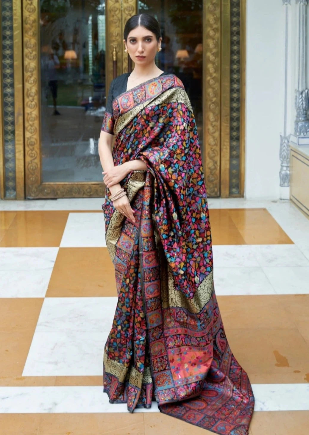Woman's Black Jamawar silk kani hand work saree for wedding.