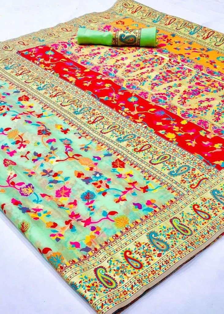 Kashmiri jamawar silk mint green handloom bridal saree online shopping for wedding featuring booti border.