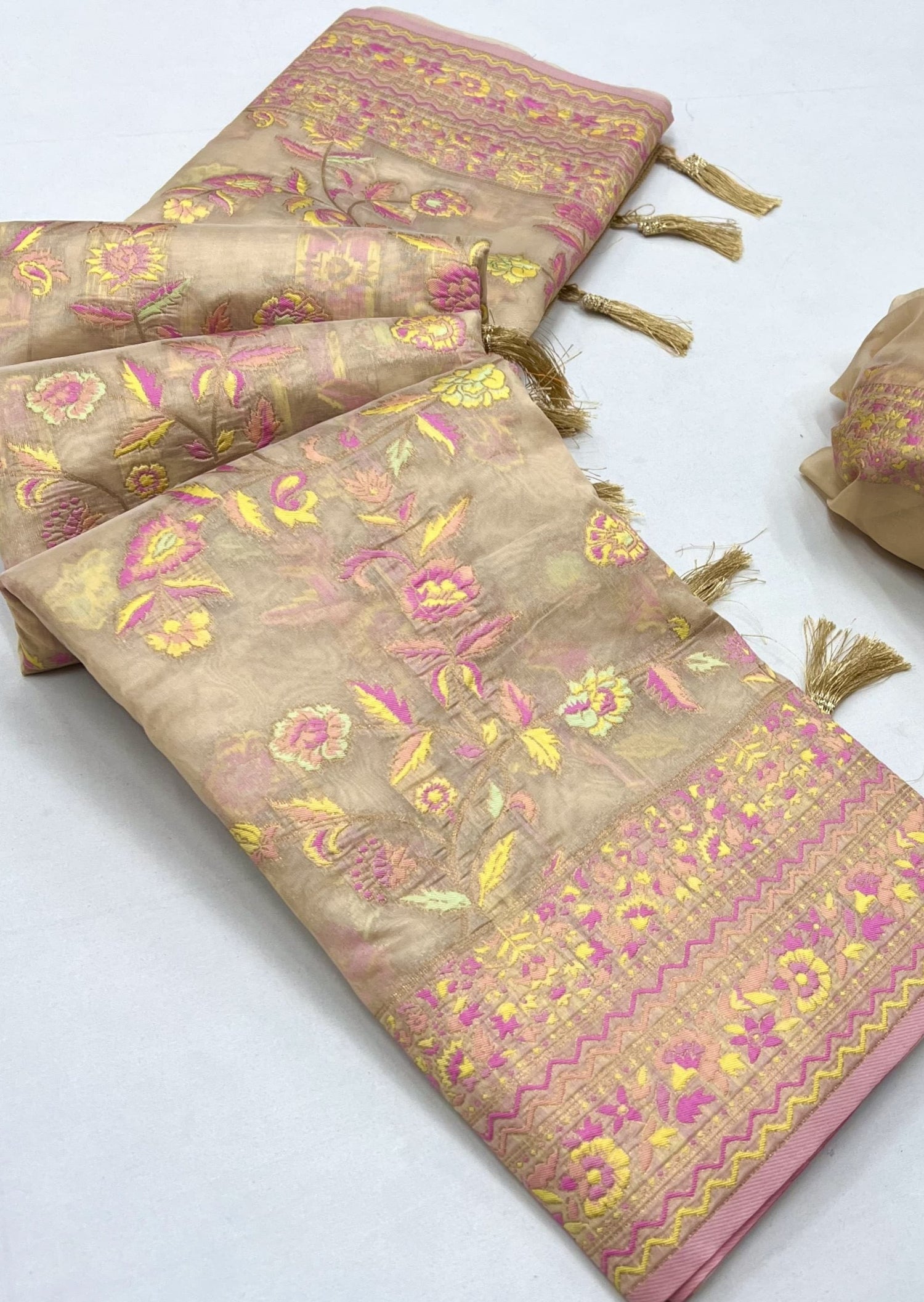 Kashmiri organza beige embroidered bridal saree online shopping for wedding.