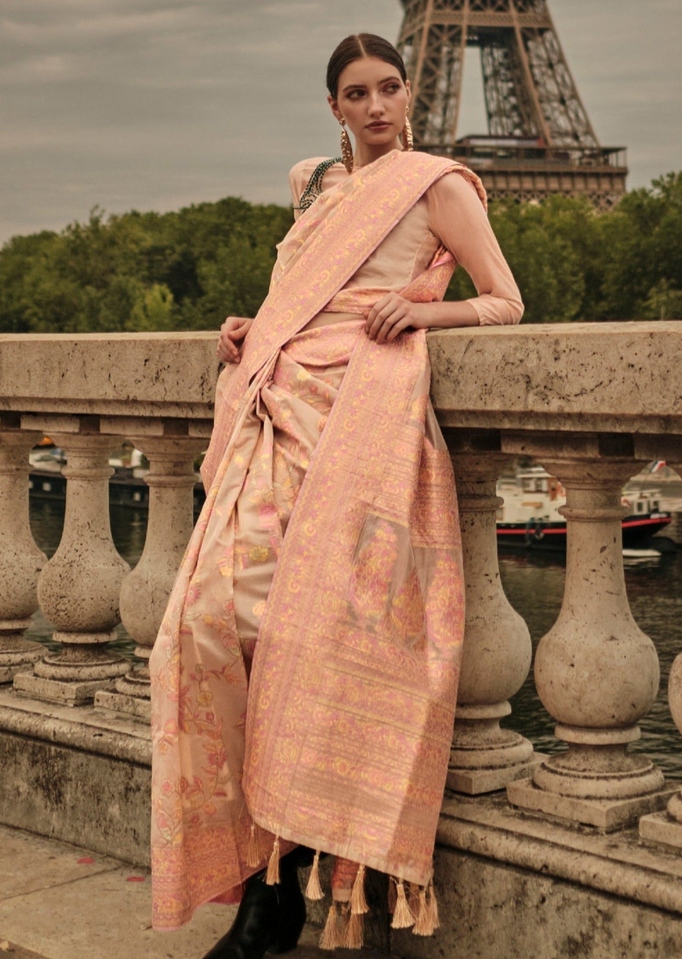 Kashmiri organza beige embroidered bridal saree online shopping price for wedding.