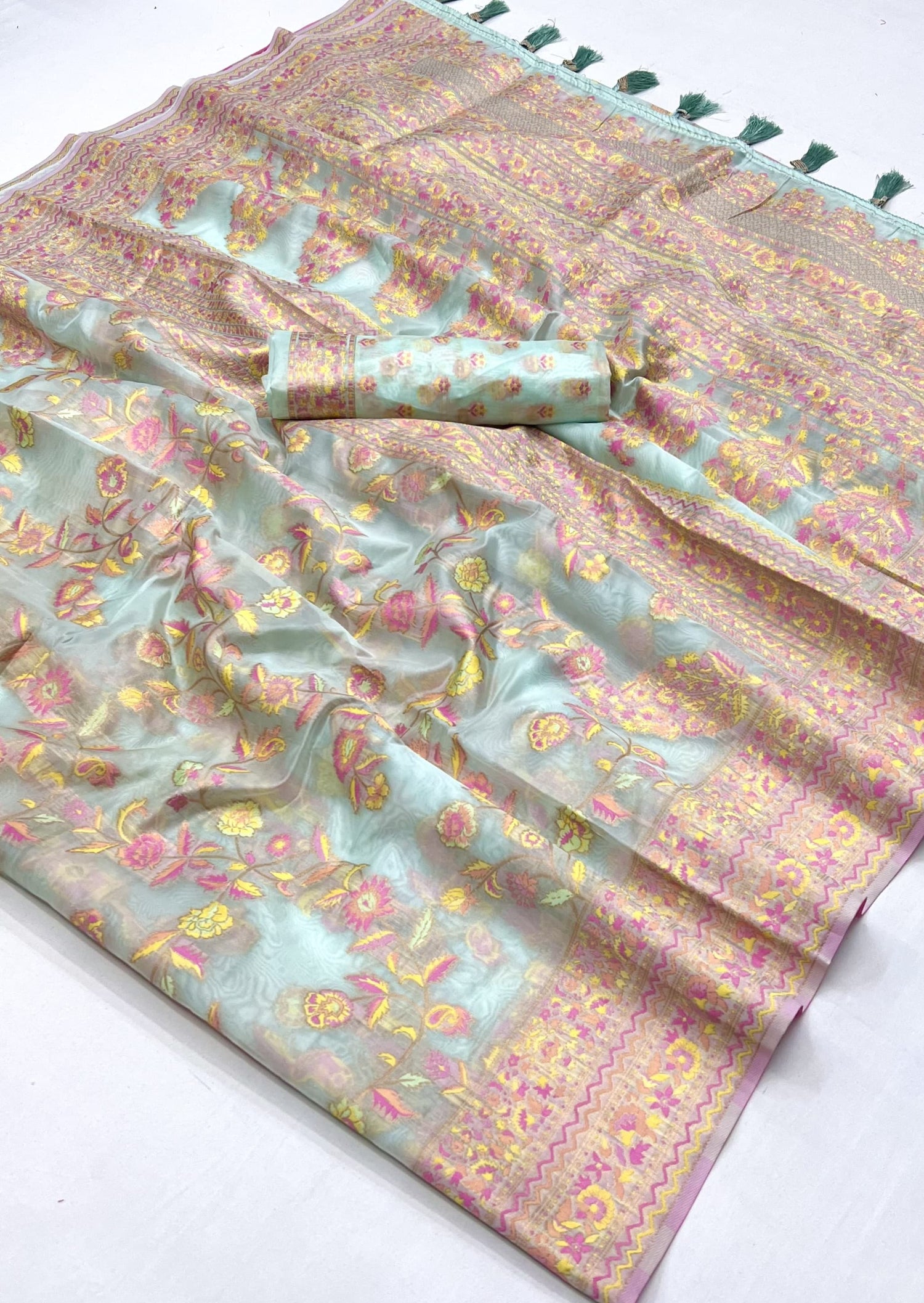 Kashmiri organza blue embroidered bridal saree online shopping price for wedding.