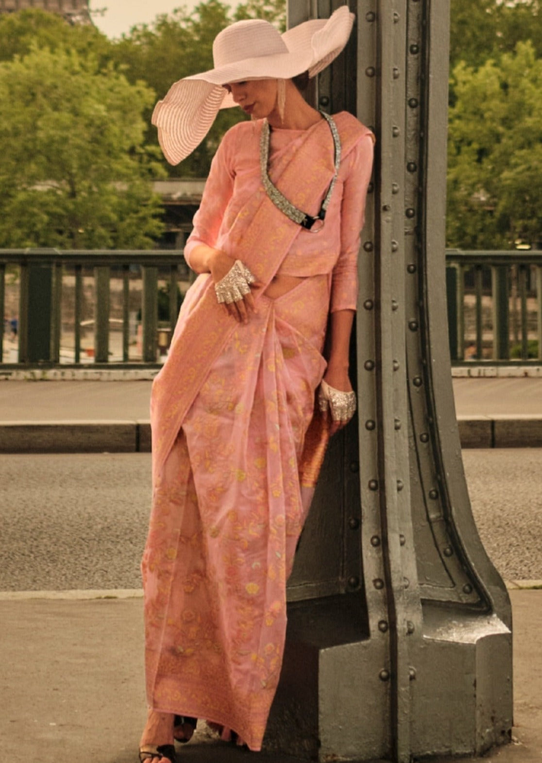 Kashmiri organza embroidered bridal peach saree online shopping for bride wedding.