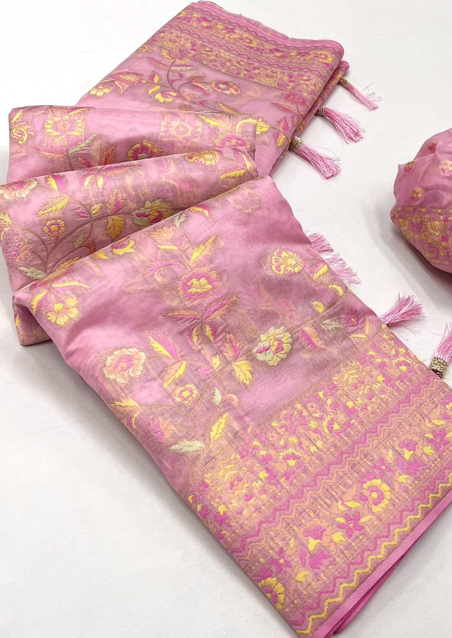 Kashmiri organza embroidered bridal saree online shopping for wedding in rose pink color.