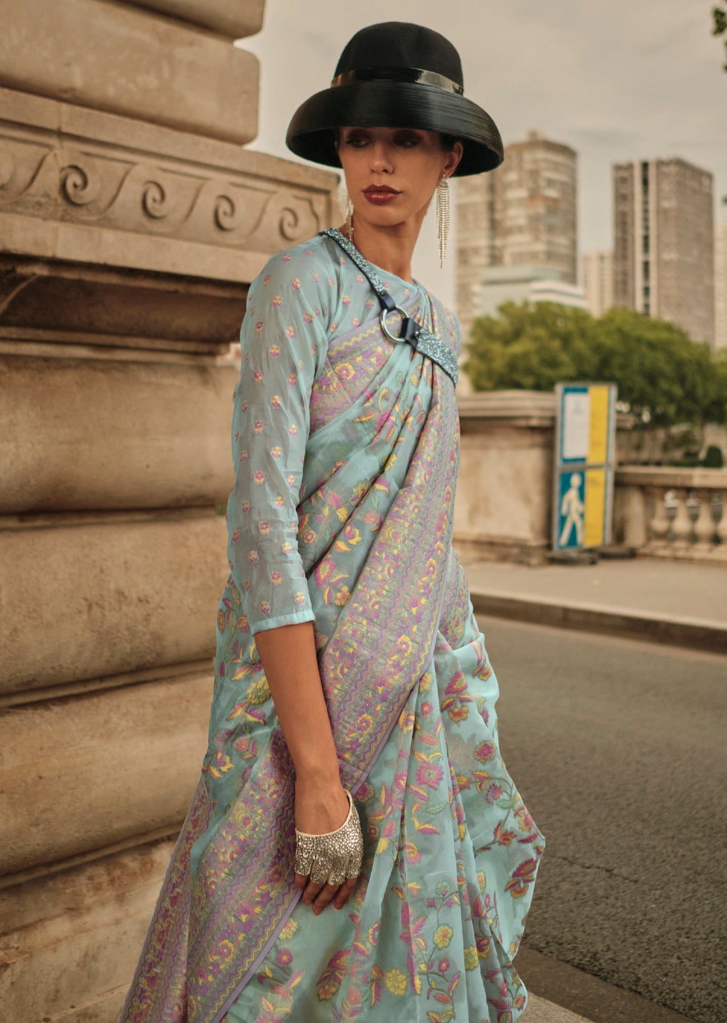 Kashmiri organza sky blue embroidered saree online shopping price for bride.