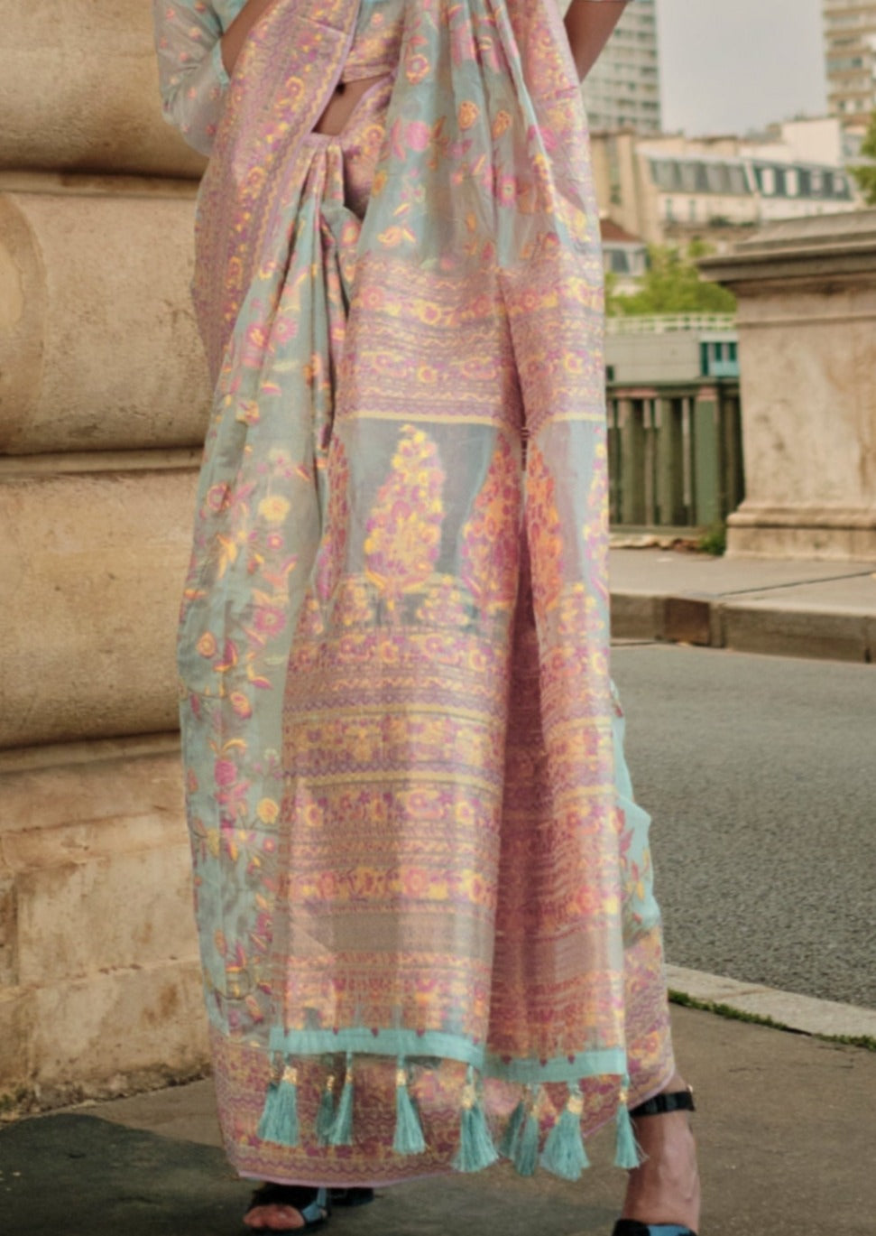 Kashmiri organza sky blue embroidered saree online shopping price for wedding.