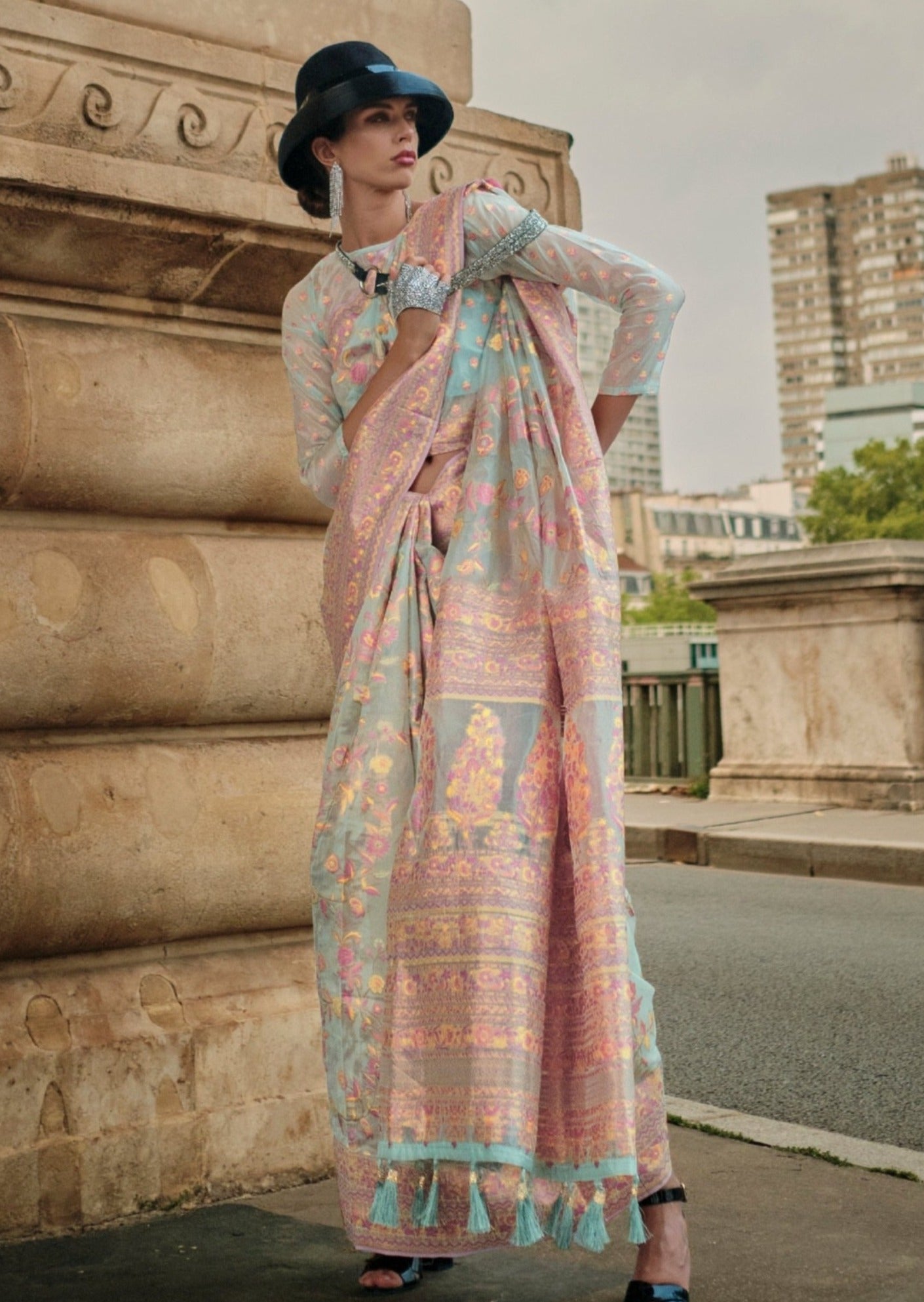 Kashmiri organza sky blue embroidered saree online shopping price.