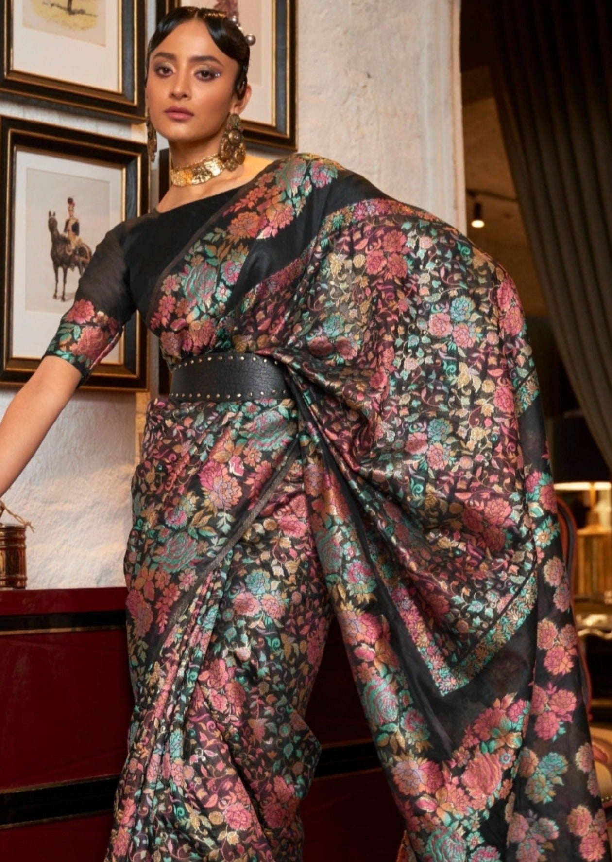 Kashmiri pashmina pure silk black saree online shopping for wedding.