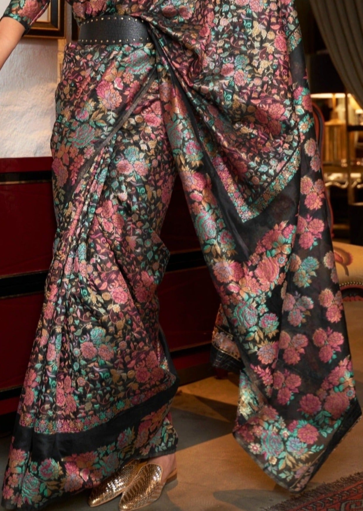 Kashmiri pashmina silk black saree for wedding.