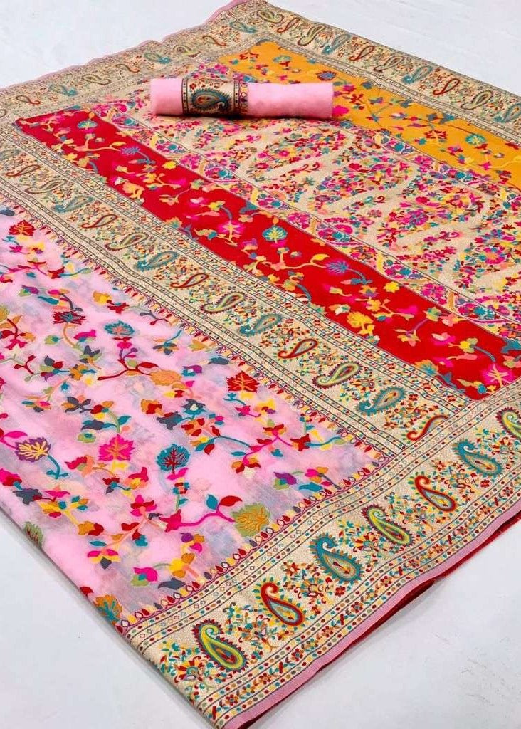 Kashmiri jamawar silk pastel pink handloom bridal saree online shopping for wedding featuring booti border.