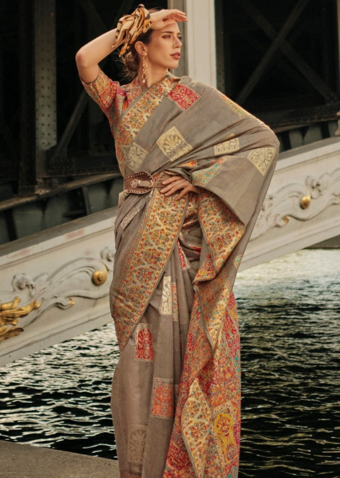 Kashmiri silk embroidered grey saree online india usa.
